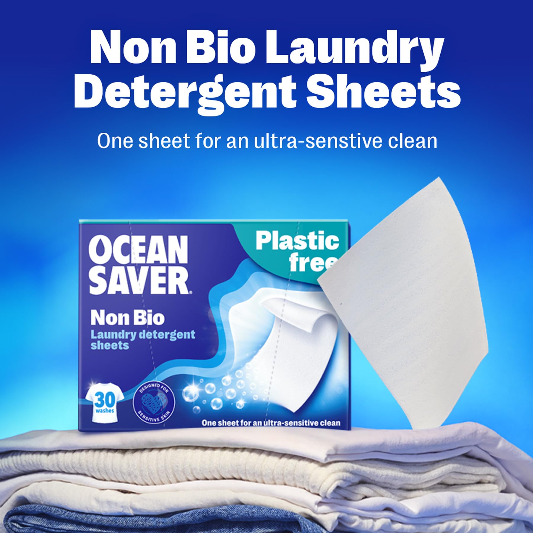 OceanSaver Eco Laundry Detergent Sheets - Non-Bio, 60 Count, Ocean Mist Scent
