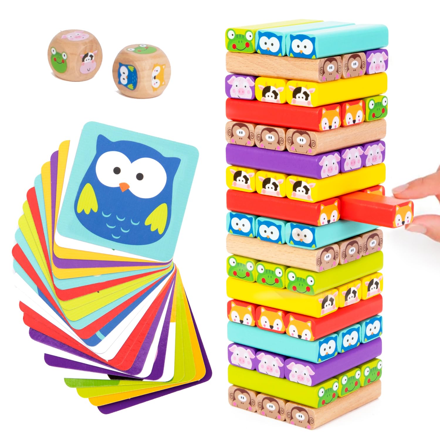 Nene Toys 4-in-1 Wooden Tumble Tower Game with Animals & Colors - Family Board Game 1