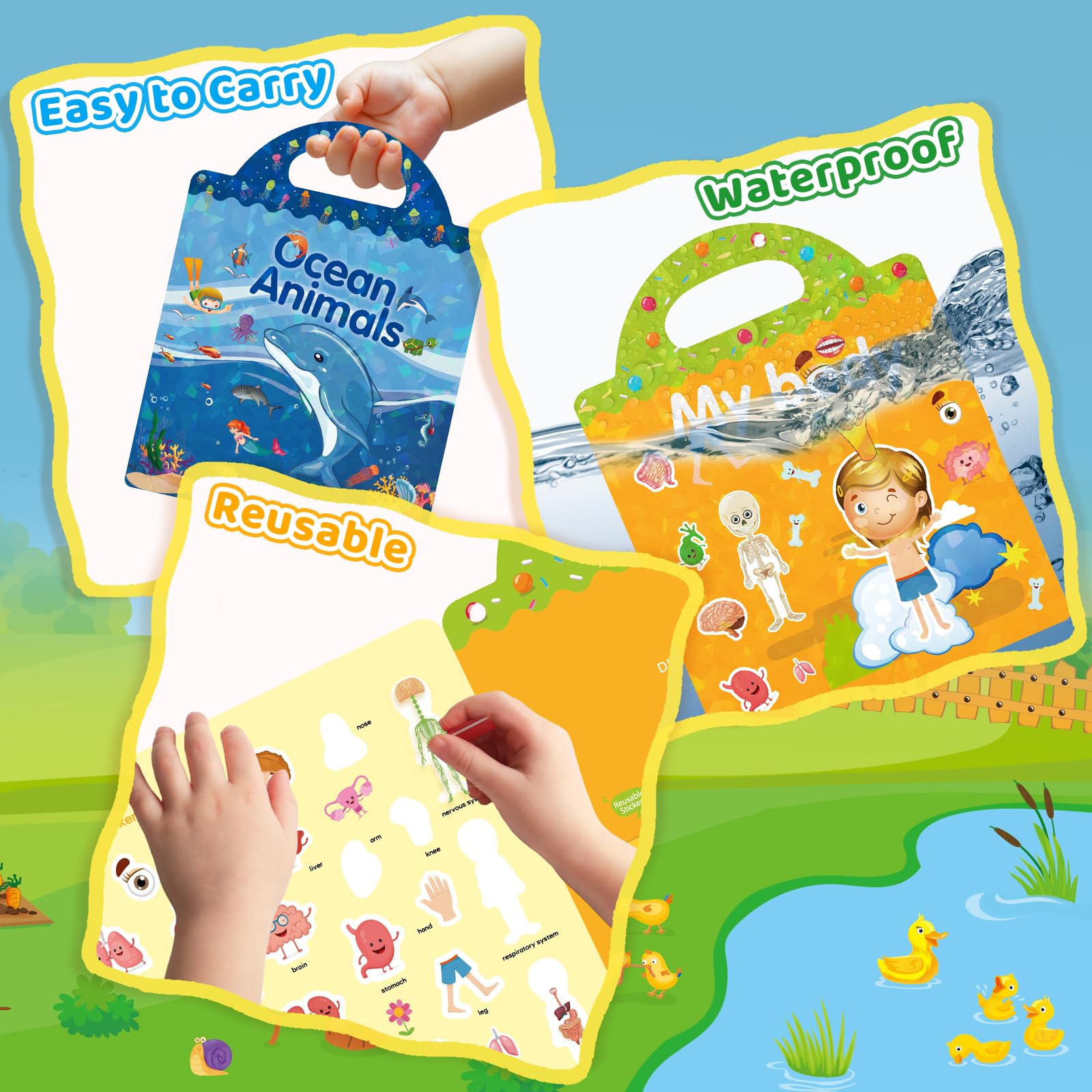 GUYUCOM Reusable Sticker Books - 4 Pack: Ocean, Farm, Insect, Body Themes | Educational Learning Toy 4