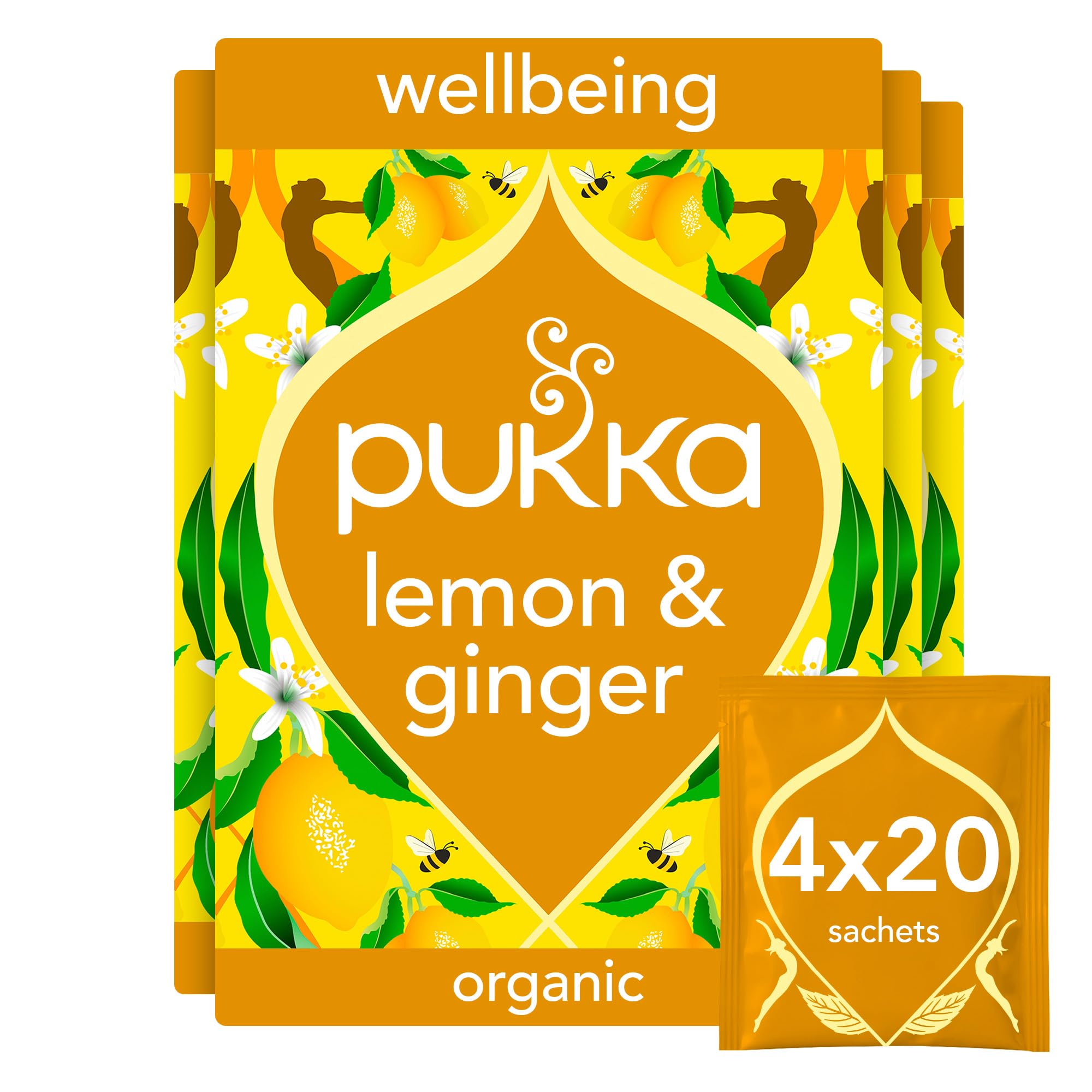 Pukka Herbs Organic Lemon, Ginger & Manuka Honey Herbal Tea - 80 Biodegradable Bags (4 Packs) | Immunity Support | Caffeine Free