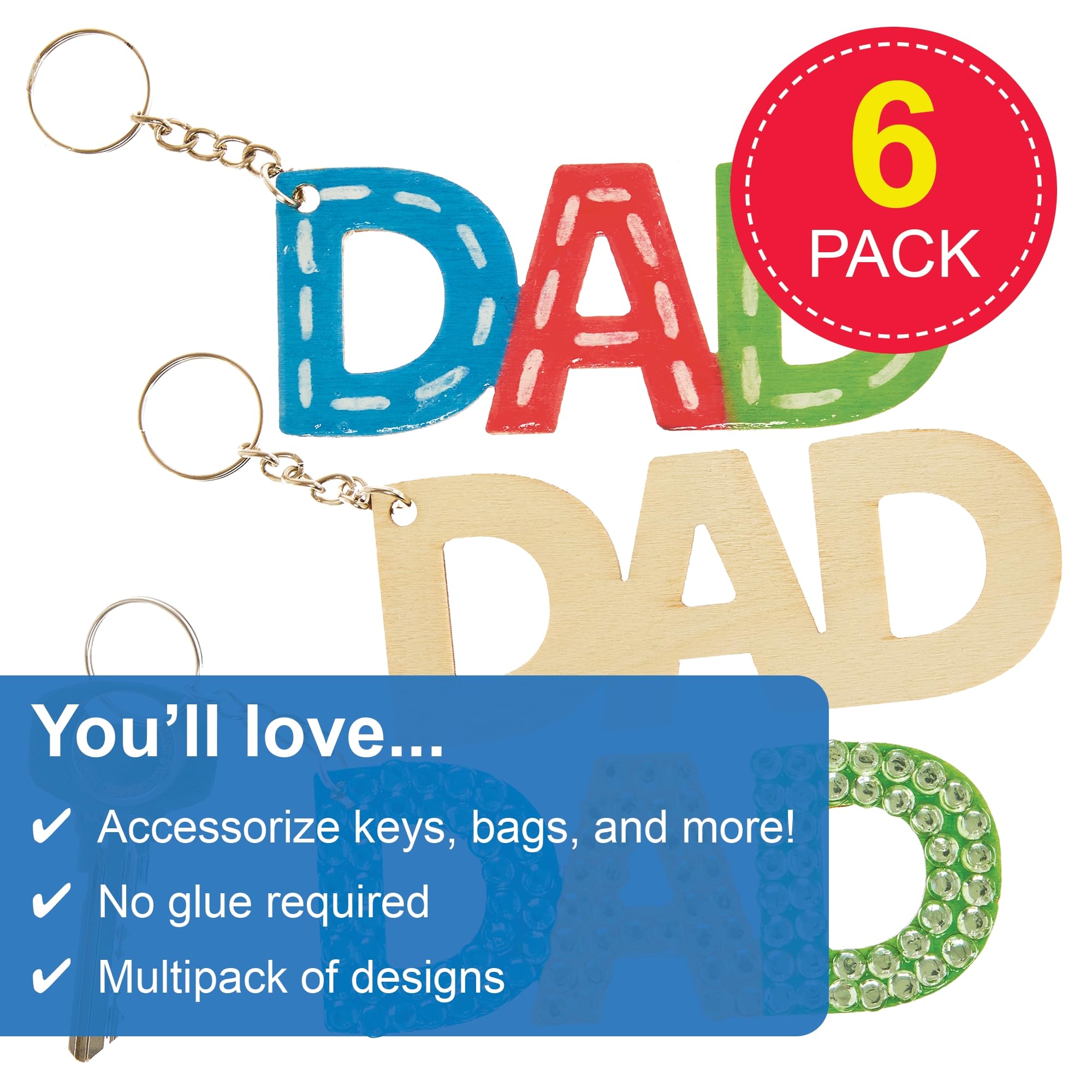 Baker Ross FN496 Father's Day DAD Wooden Keyrings - Pack of 6 | 10cm Length | 3mm Plywood 2