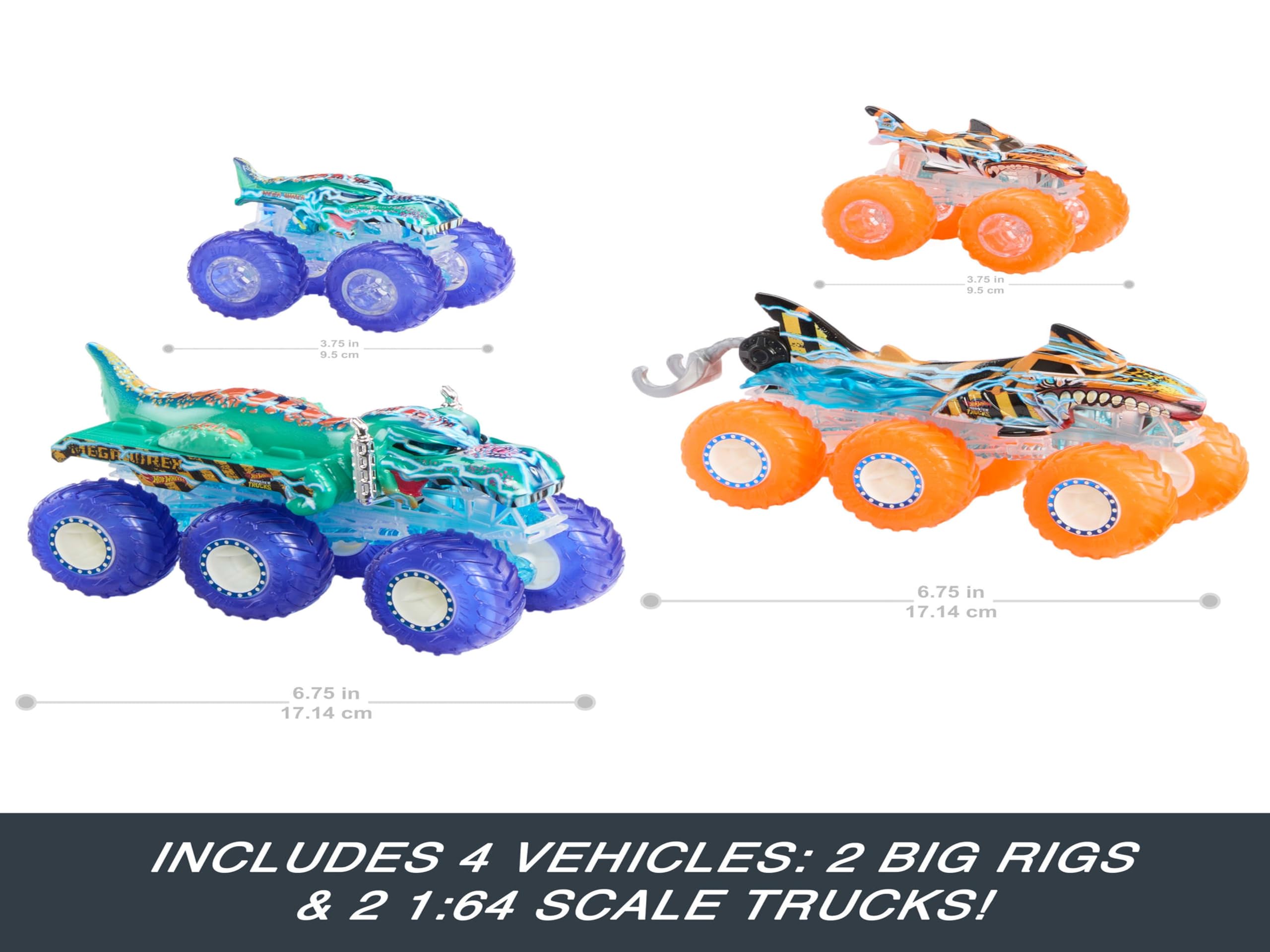 Hot Wheels Monster Trucks Multipack - Mega-Wrex & Tiger Shark 1:64 Scale Trucks with Big Rigs (HYJ29) 3