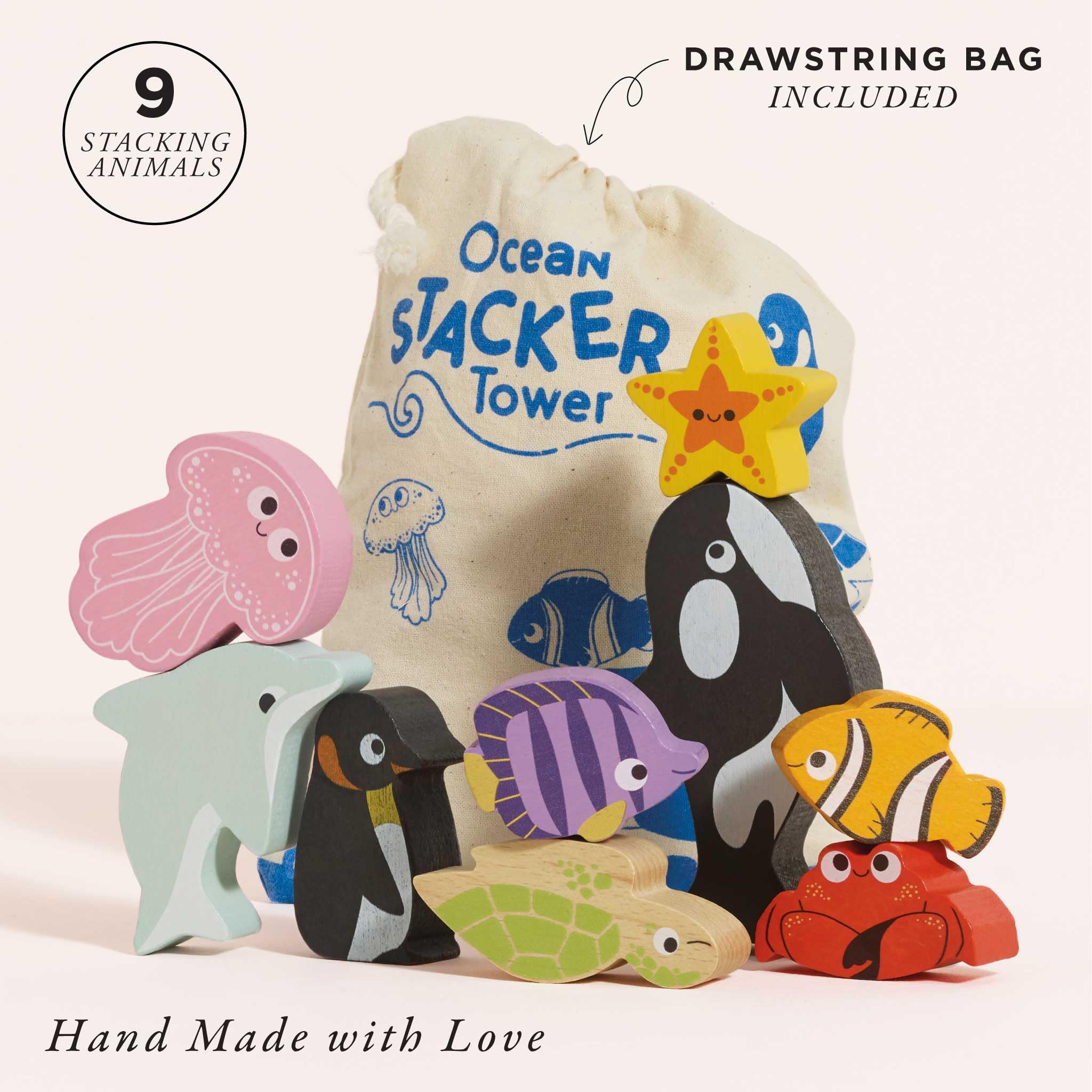 Le Toy Van Petilou Wooden Ocean Stacking Animals & Bag | Ages 18m+