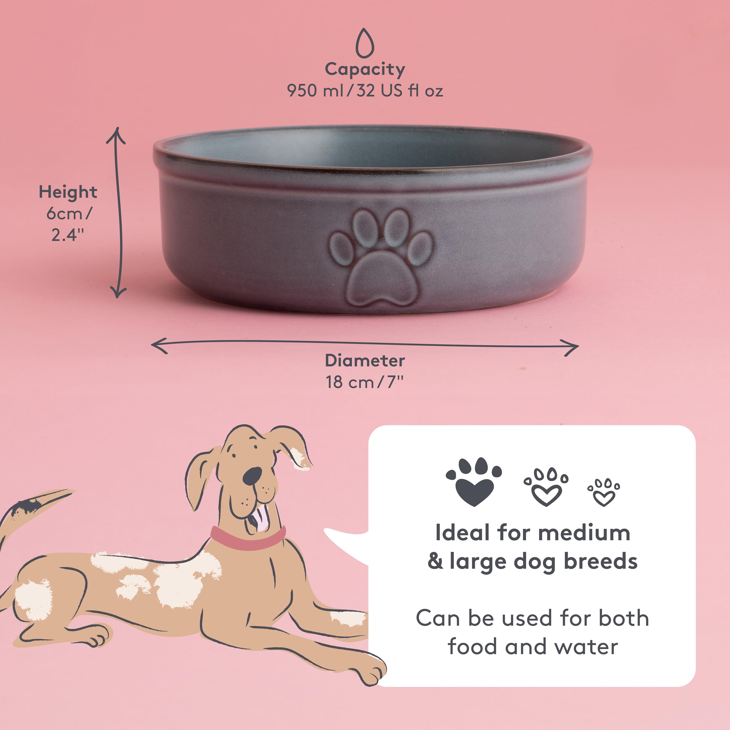 Mason Cash Reactive Paw Large Dog Bowl - 18cm Diameter, 950ml Capacity, Stoneware
