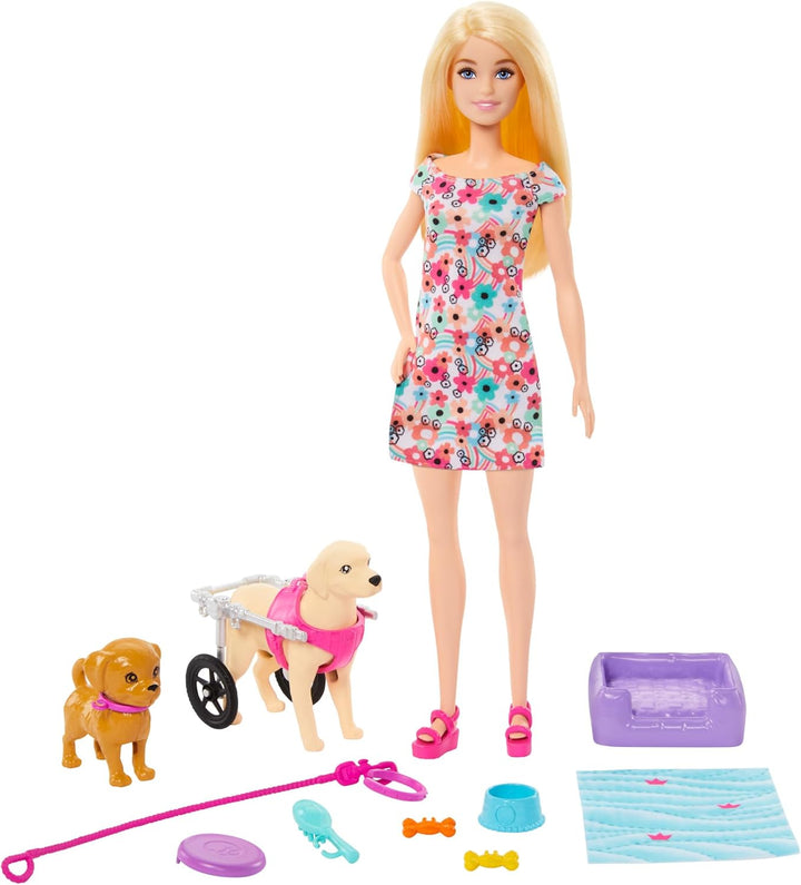 Barbie Doll with 2 Toy Dogs & Pet Accessories - Includes Removable Wheelchair for Ages 3+