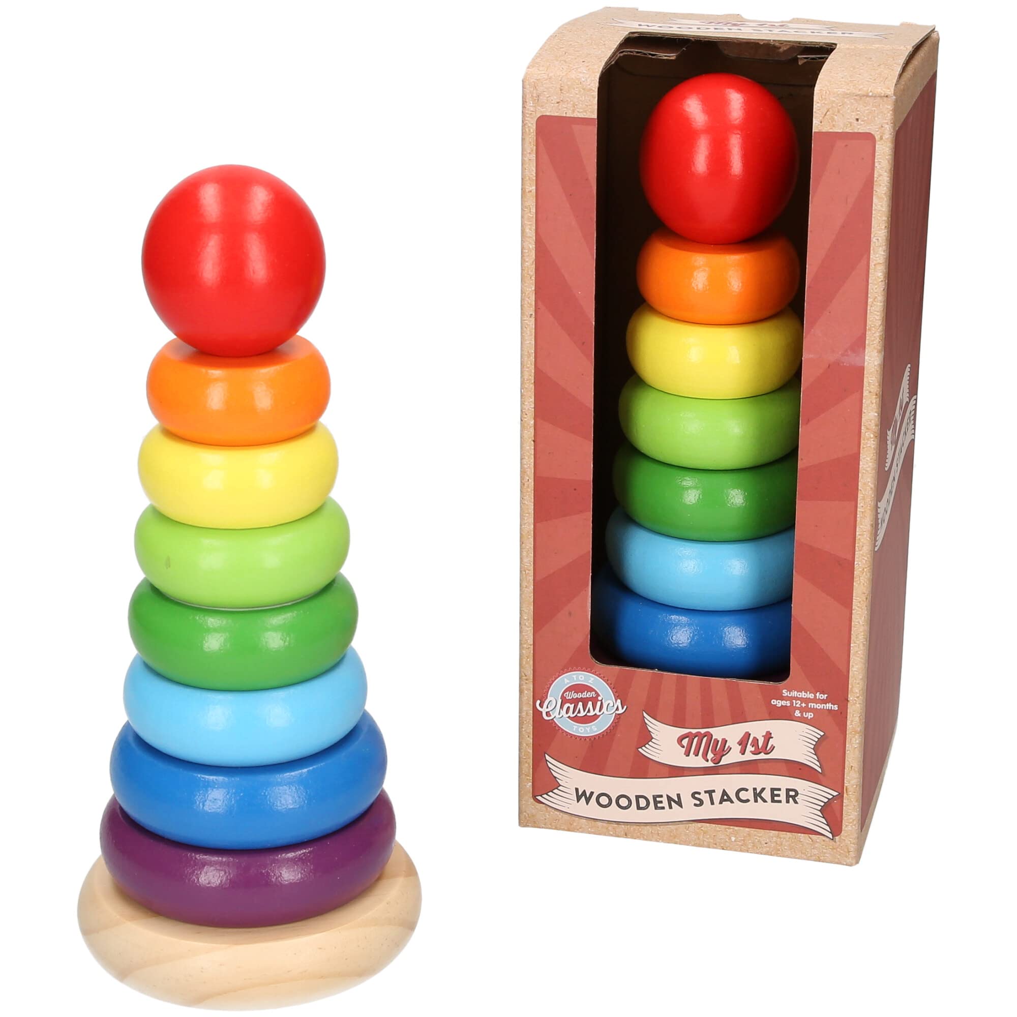 Atoz My 1st Wooden Rainbow Stacker Toy - Classic Ring Tower for Ages 12+ Months