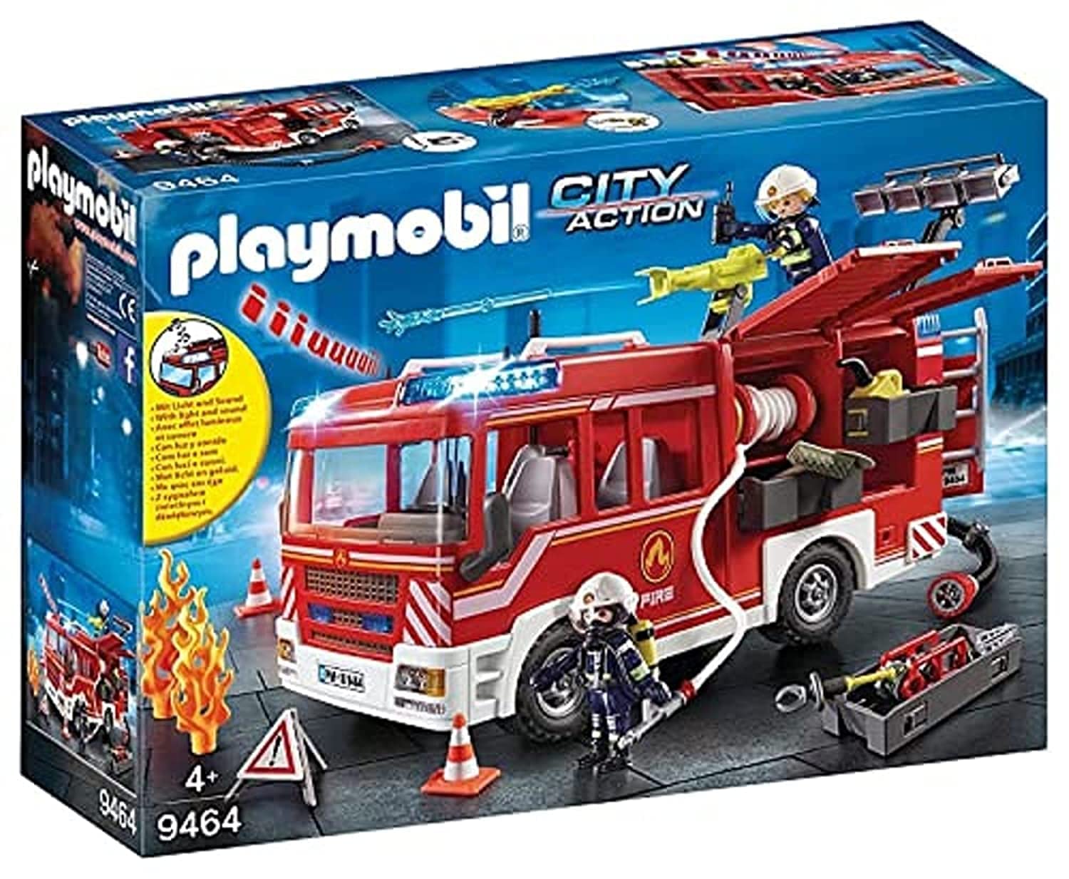 Playmobil 9464 Fire Engine with Working Water Cannon, Light & Sound Effects, Firefighter & Helicopter Playset for Kids 4+ 1