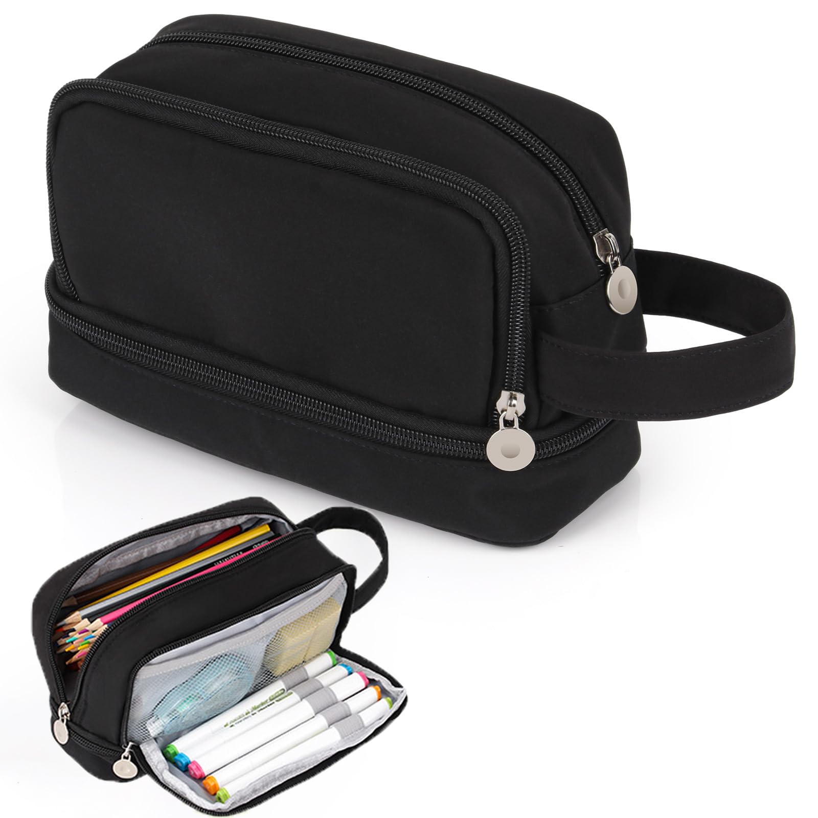 Alyvisun Large Capacity Pencil Case - 3 Compartments, Durable Canvas, Black | 22cm x 9cm x 14cm 1