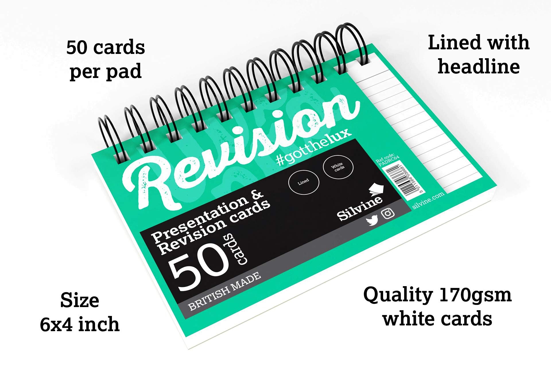 Luxpad A6 Wirebound Revision & Presentation Cards - White. 50 Lined Cards Per Pad (6x4") 3
