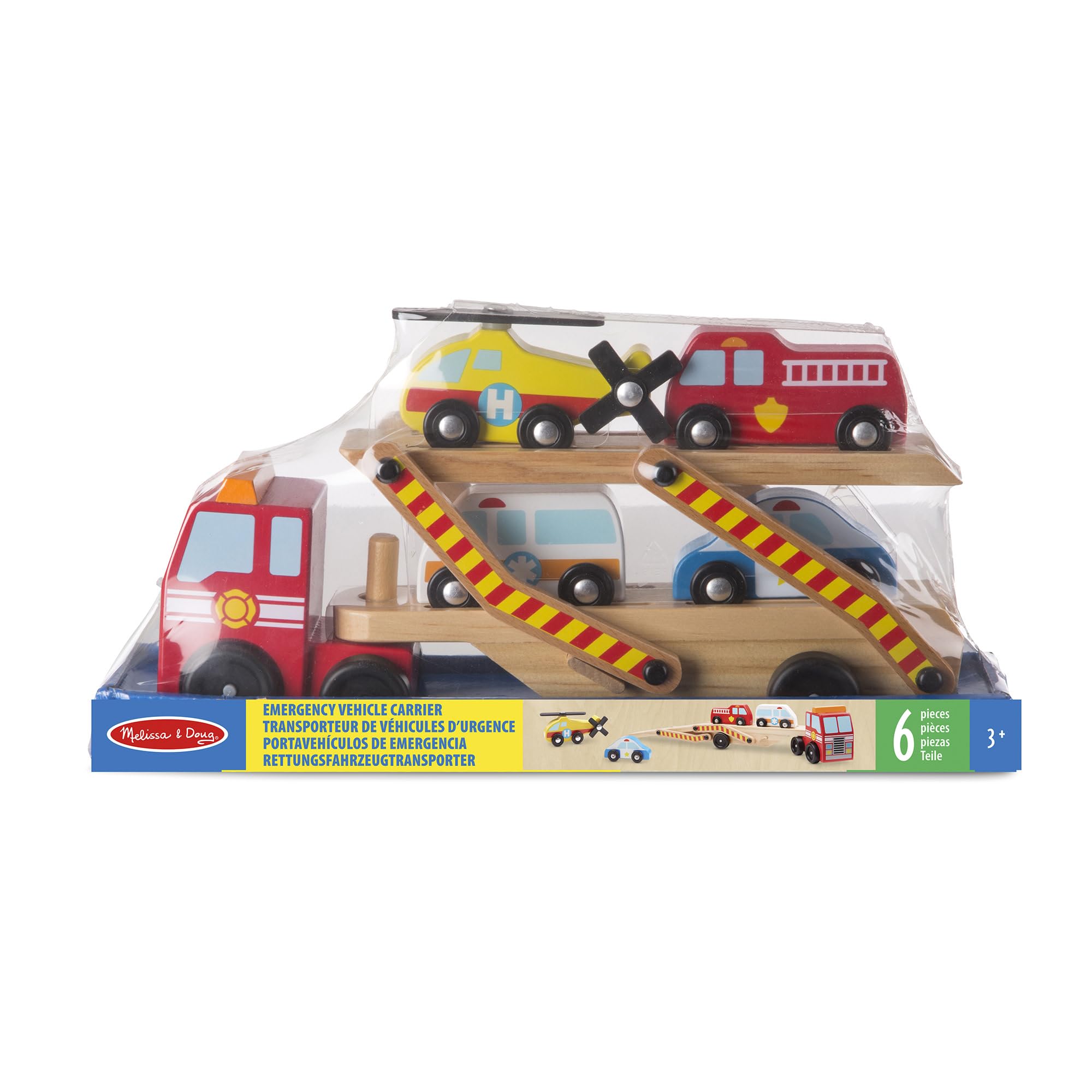 Melissa & Doug Wooden Emergency Vehicle Carrier Toy with 4 Magnetic Vehicles | Ages 3+ 3
