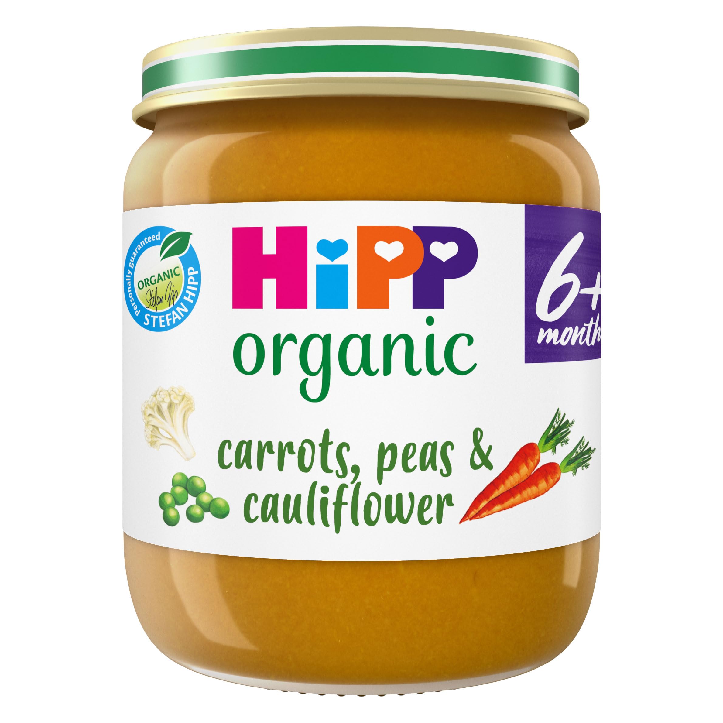 HiPP Organic Carrots, Peas & Cauliflower Baby Food Jar - 6 Pack, 125g Each | 4+ Months