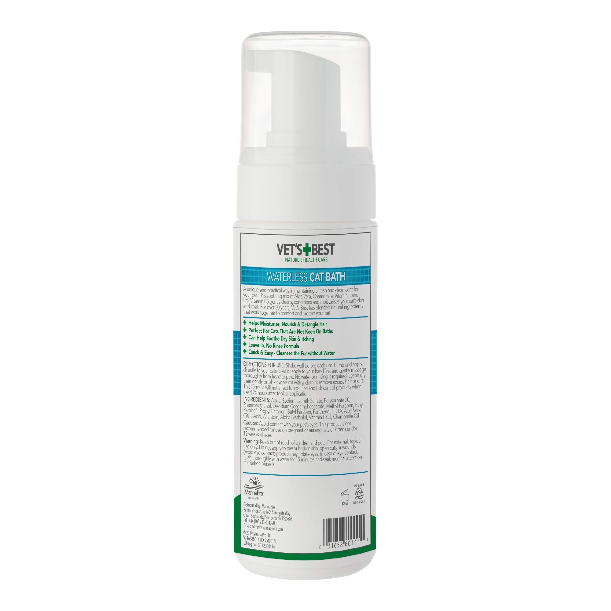 Vet's Best Natural Waterless Cat Bath No Rinse Dry Shampoo for Cats, 150ml