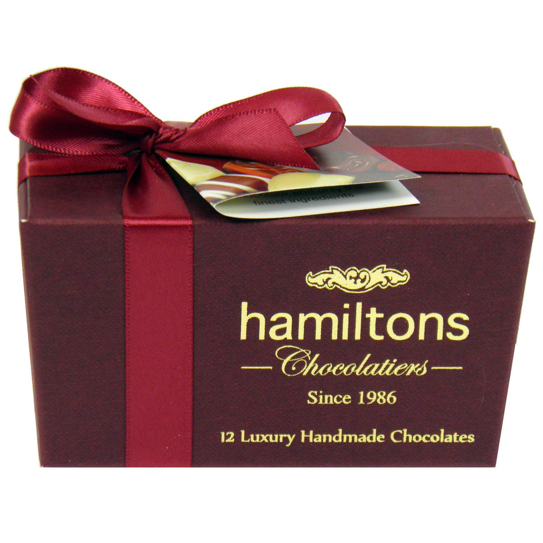 Hamiltons - Burgundy Luxury Belgian Ballotin 12 Handmade Chocolates Gift Box