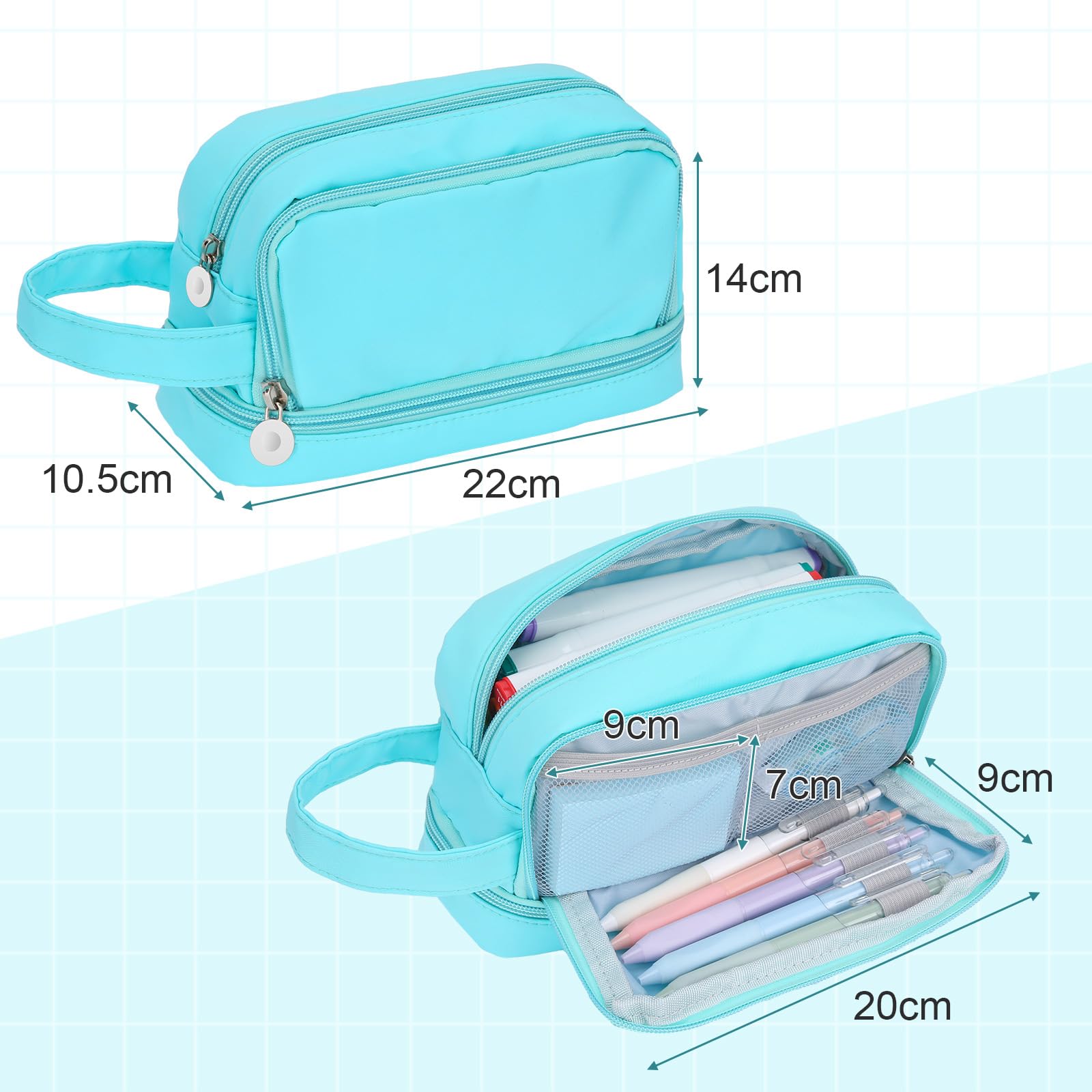 Alyvisun Large Capacity Pencil Case - 3 Compartments, Blue Canvas, Zipper Closure | Handle Strap 7