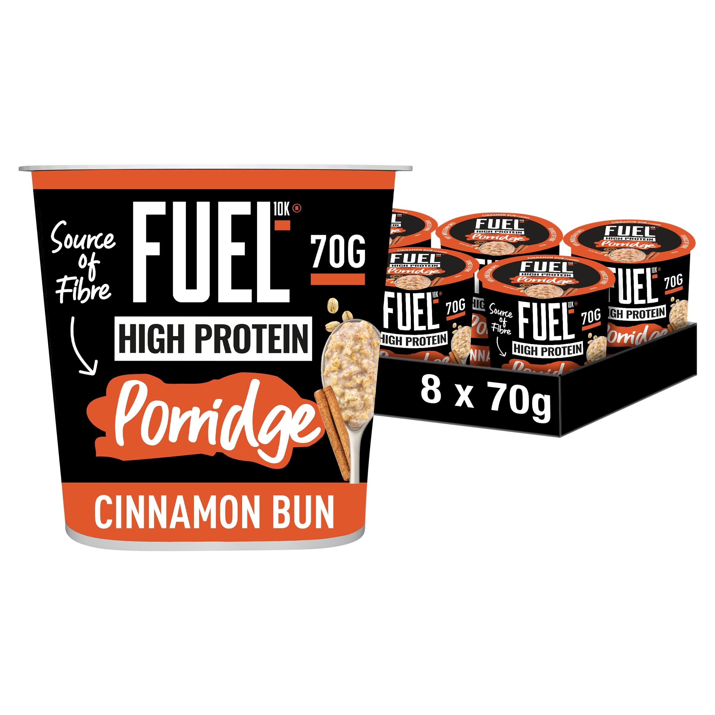 FUEL10K High Protein Cinnamon Bun Porridge Pot - 13g Protein, Wholegrain Oats | 8 Pack of 70g