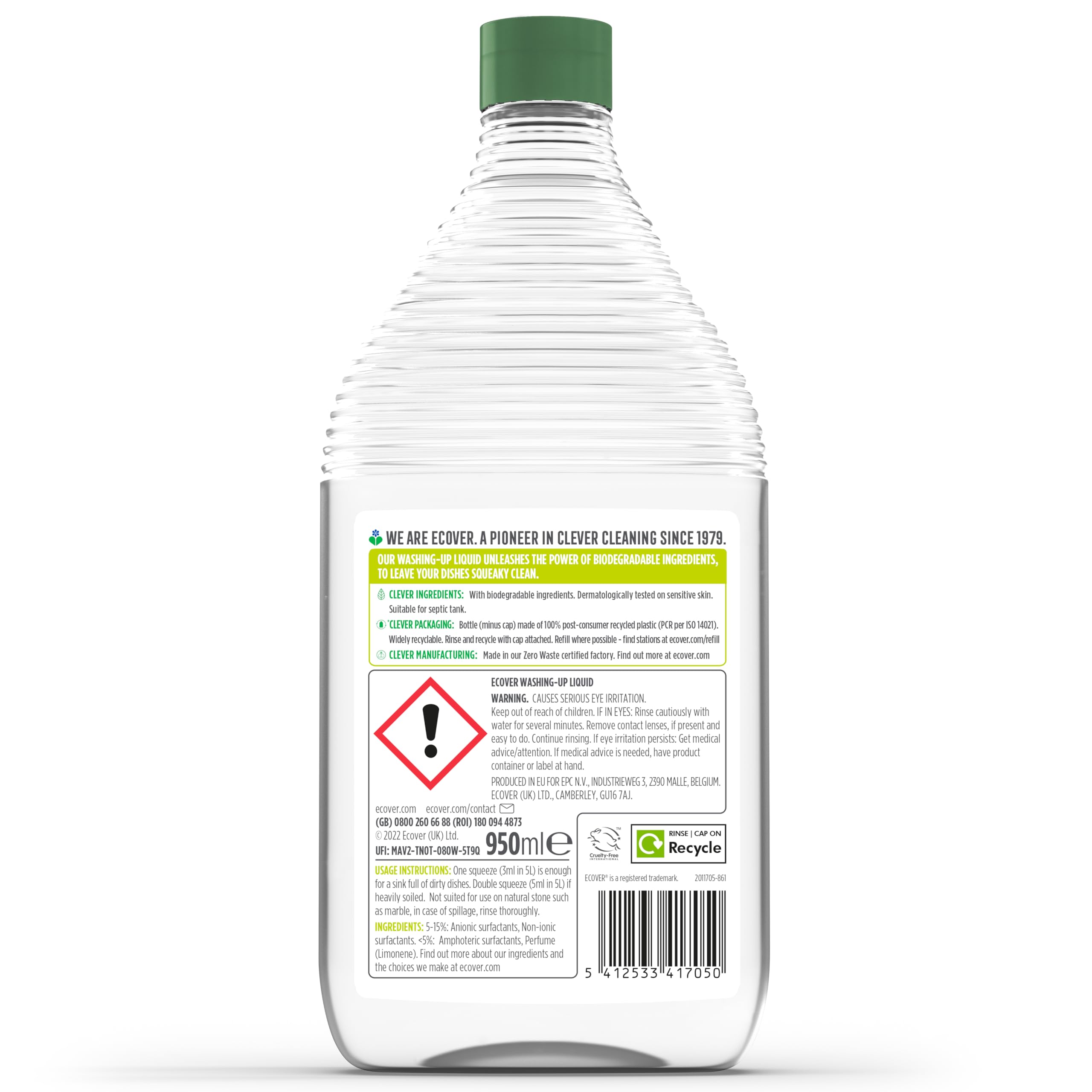 Ecover Washing Up Liquid - Dishwashing Soap, Tough on Grease, Fresh Scent, 990g 4