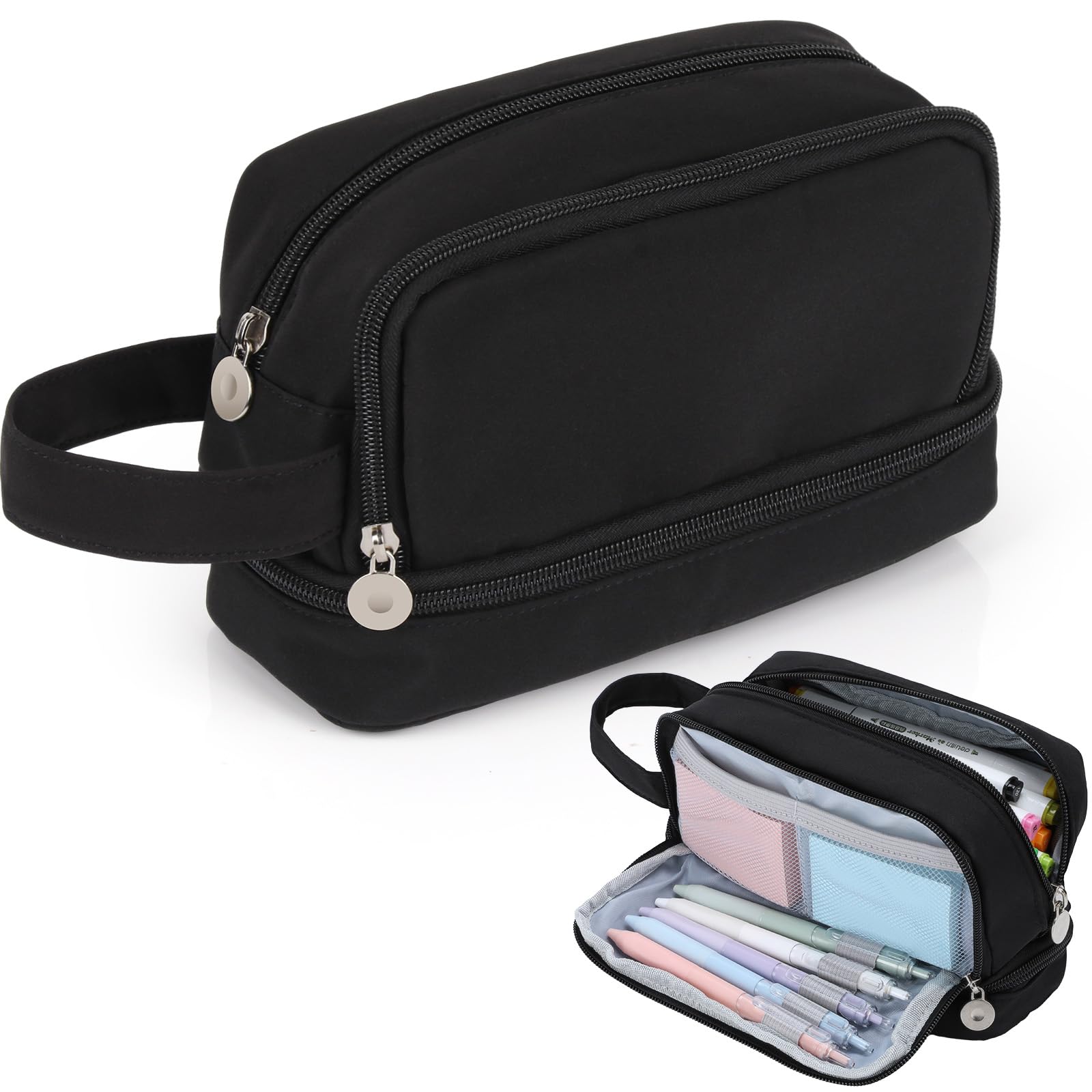 Alyvisun Large Pencil Case - Durable Canvas, 3 Compartments | Updated Black