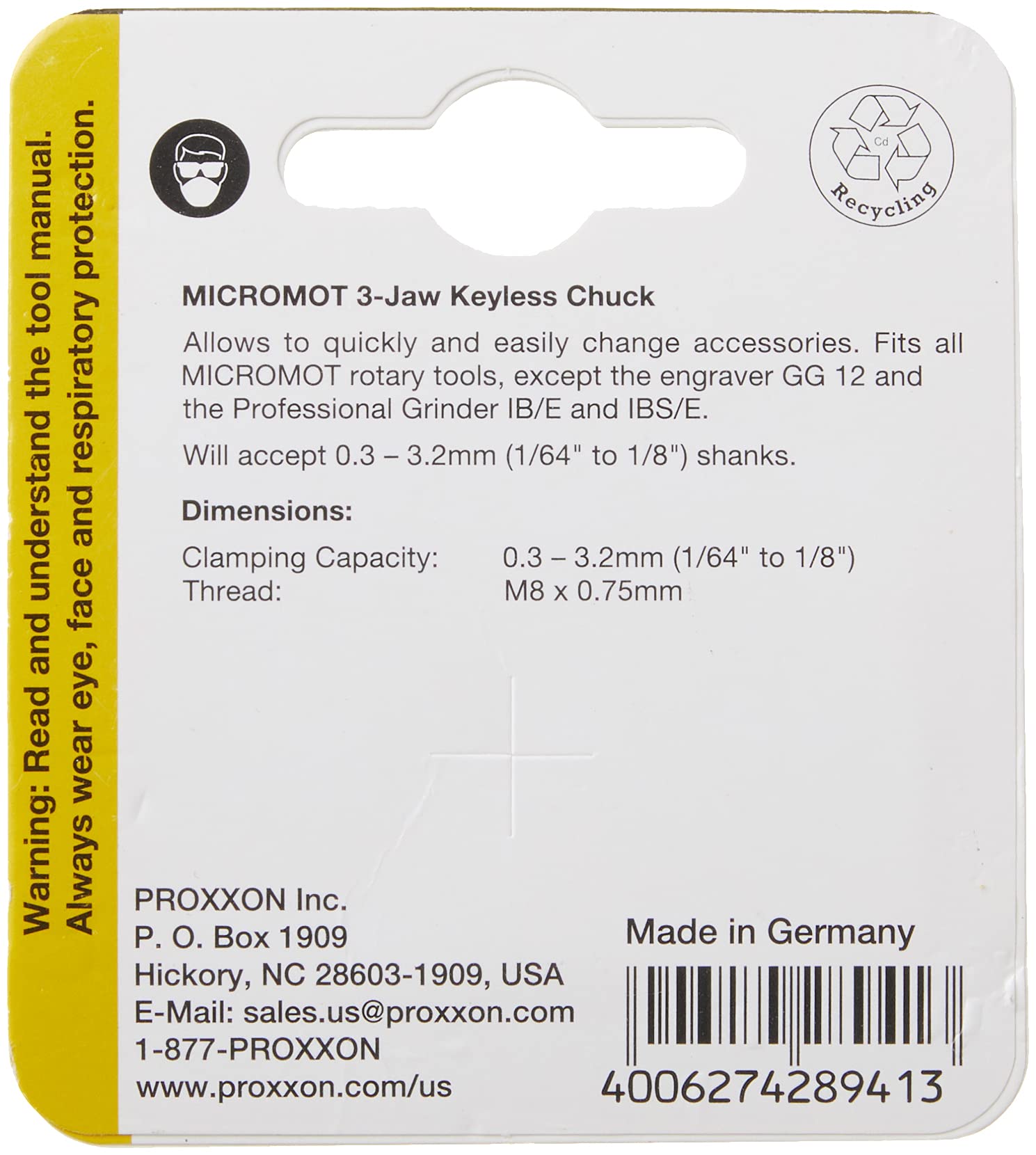 PROXXON28941 Keyless3-Jaw Chuck0.5-3.2mm for Precision Tools 7