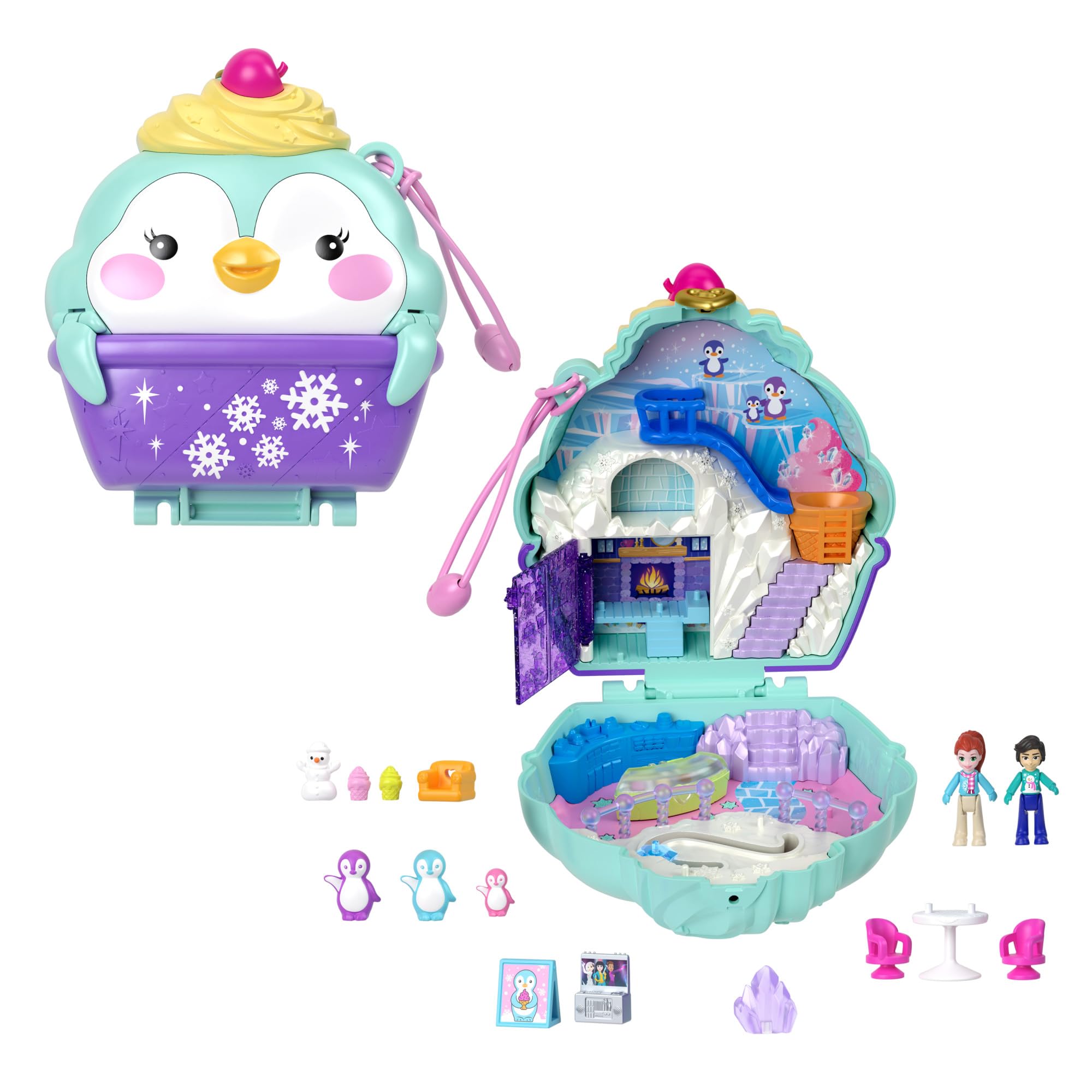 Polly Pocket Schneesüßer Pinguin, kompaktes Spielset – 13 Zubehörteile und 6 Funktionen zum Geschichtenerzählen, ab 4 Jahren