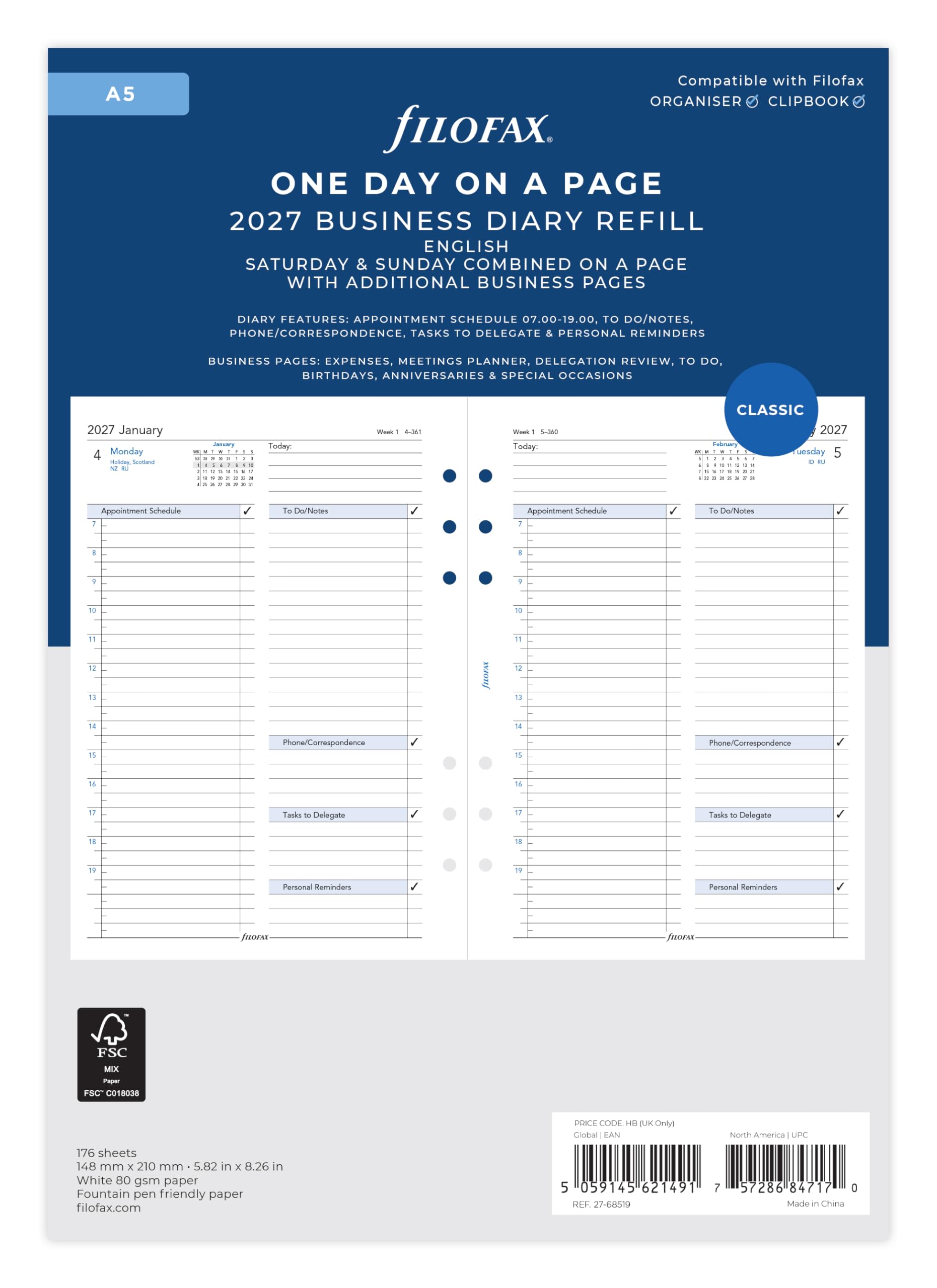 Filofax A5 2027 Diary Refill - Day Per Page with Appointments | English | 148mm x 210mm