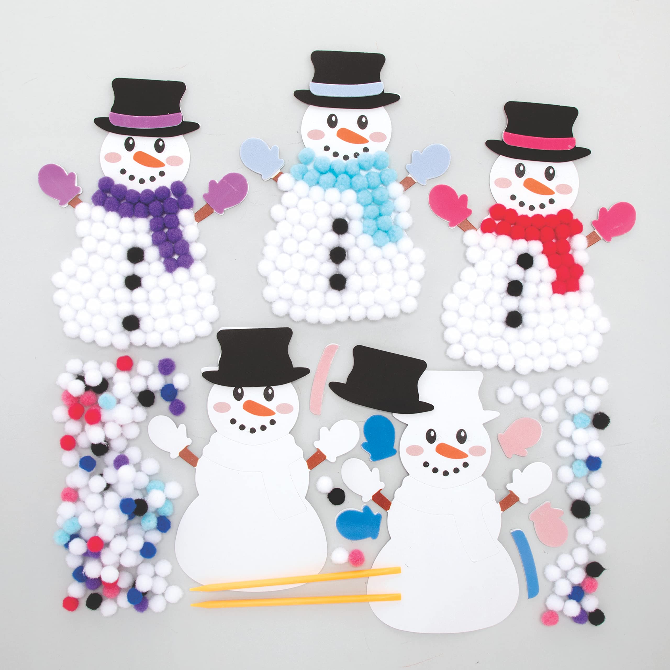Baker Ross Snowman Pom Pom Art Kit - Pack of 5 Christmas Craft Kits for Kids 6