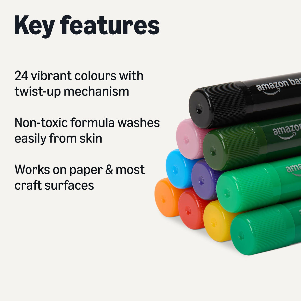 Amazon Basics Tempera Paint Sticks for Kids, Washable, Twist-Up - 24 Colours