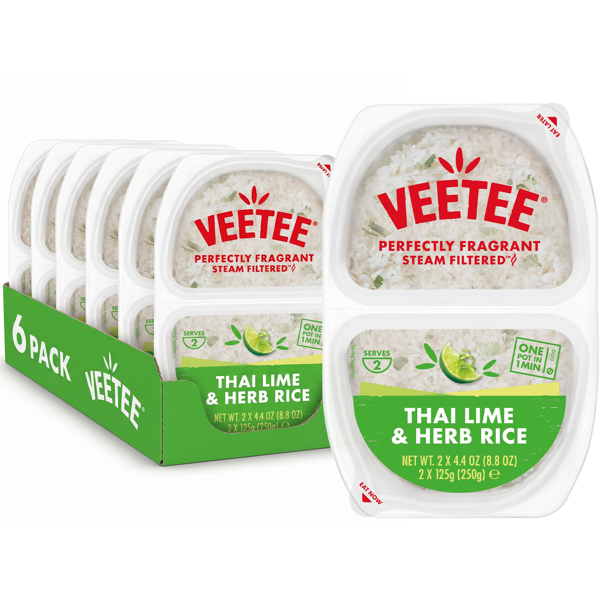 VEETEE Thai Lime & Herb Steamed Jasmine Rice Microwave Pots - 60 Second Cook Time | Pack of 6 | 125g Pots 1