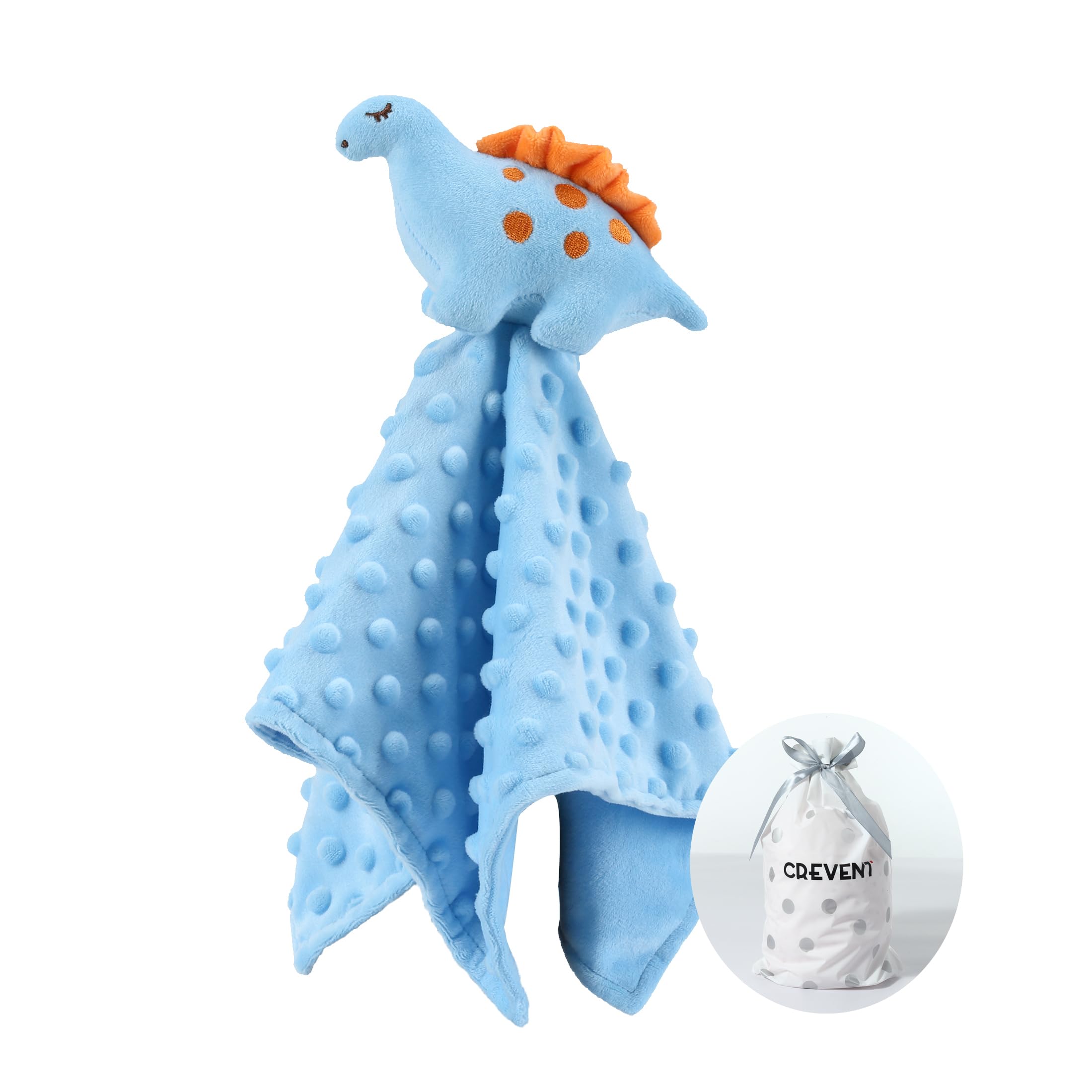 CREVENT Cozy Plush Security Blanket Lovey - Blue Dinosaur | 34x34cm | Sherpa Fleece