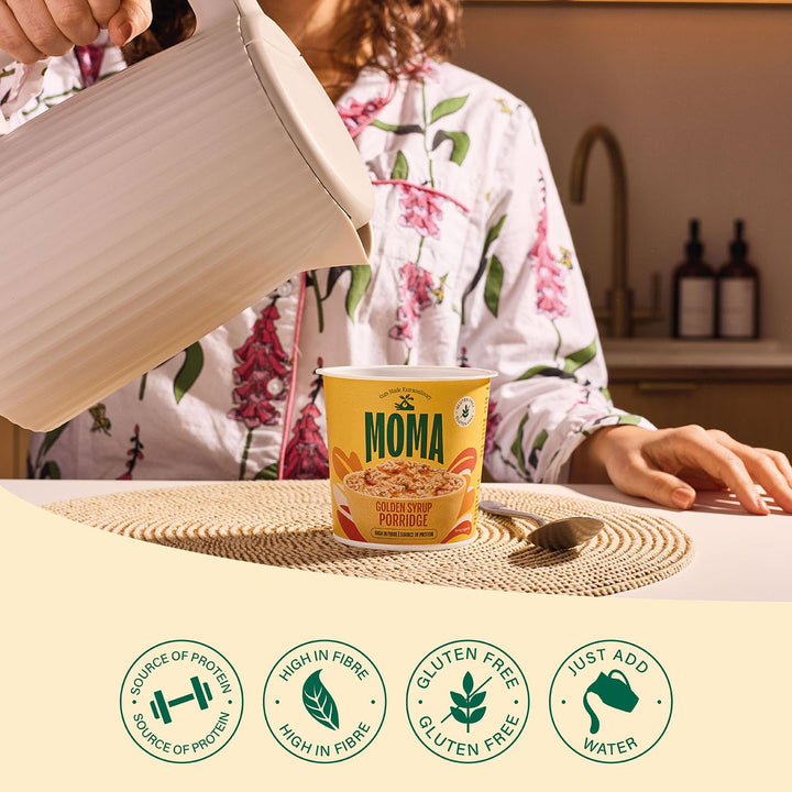 MOMA Instant Porridge Pots Golden Syrup - 12 x 70g - Gluten Free, High Fibre, Source of Protein
