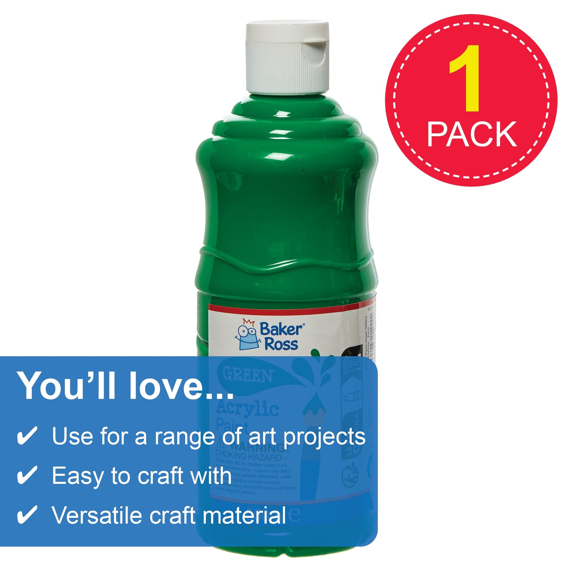 Baker Ross Green Acrylic Paint - 500ml Bottle | Water-Based & Washable 2