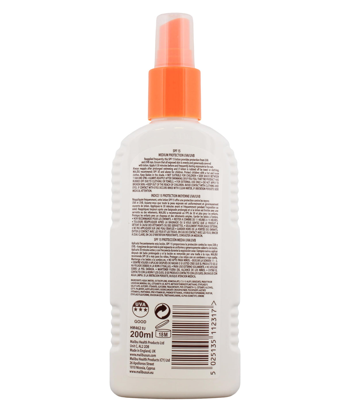 Malibu Medium Protection Sun Lotion Spray SPF15 with Vitamin E and Pro Vitamin B5 - 200 ml