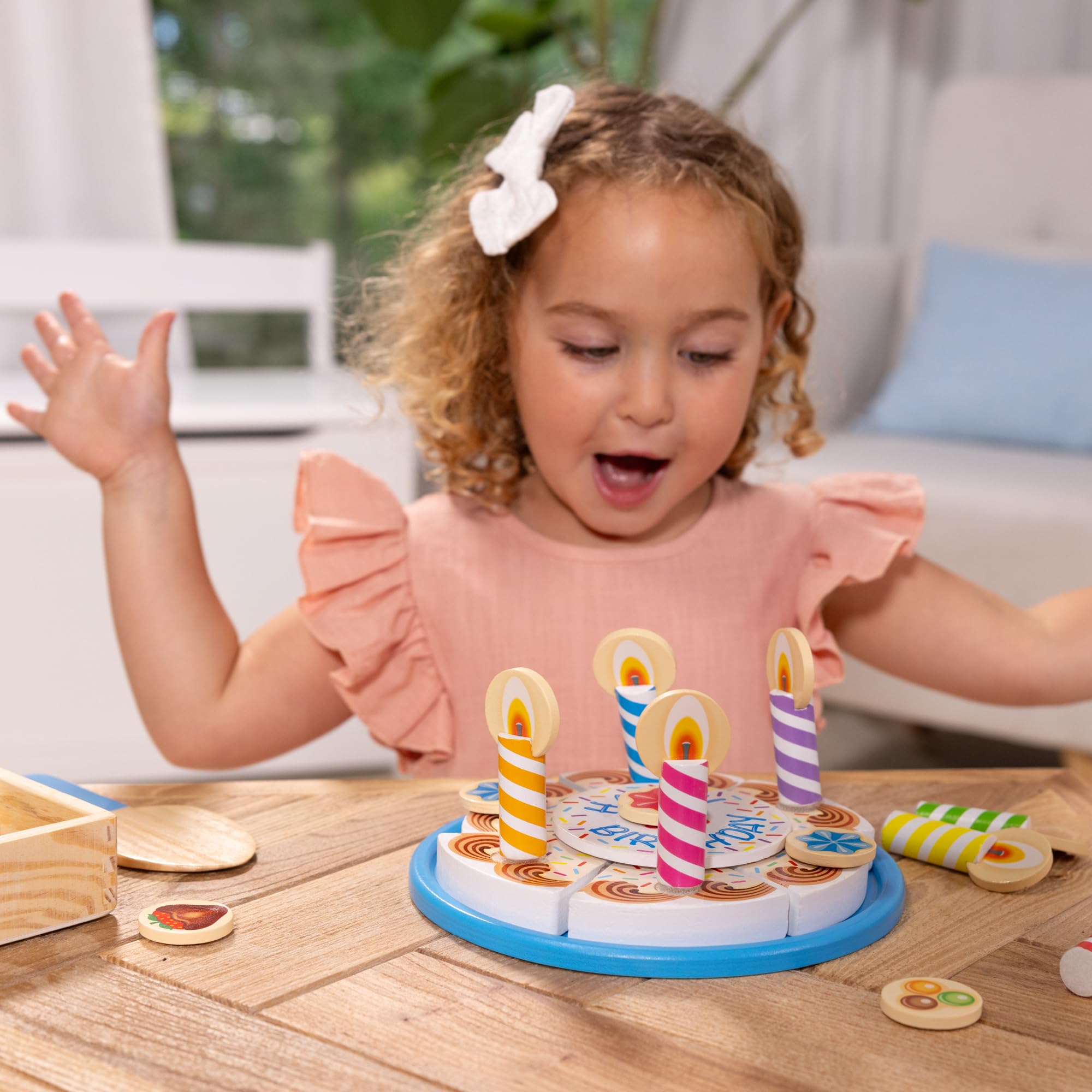 Melissa & Doug Wooden Birthday Cake Play Food Toy for Kids Ages 3+ | Includes 6 Slices & Toppings