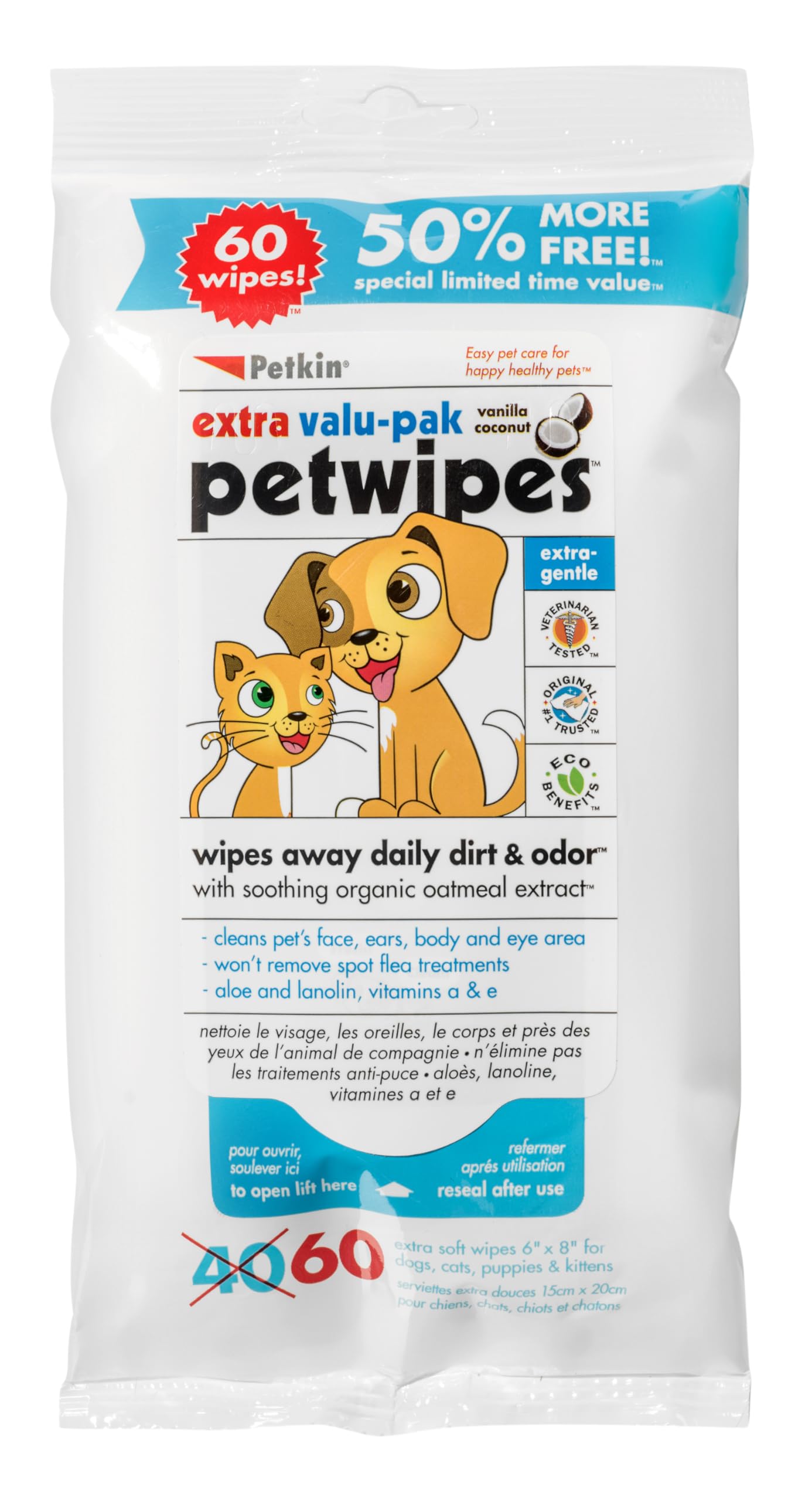 Petkin Eco Pet Wipes for Dogs and Cats - Gently Cleans Dirt & Odour | 60 Count 1