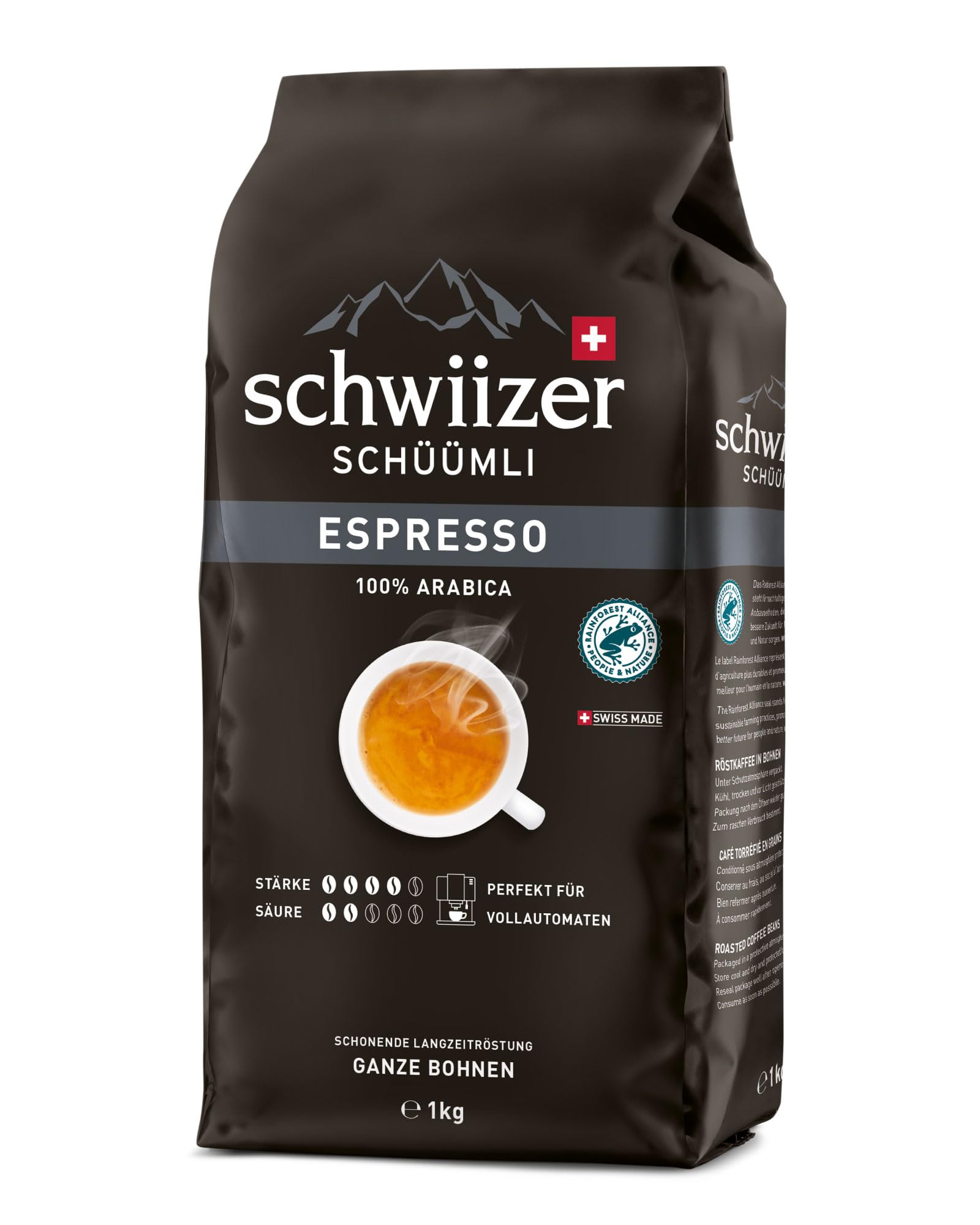 Schwiizer Schüümli Crema Intenso 100% Arabica Kaffeebohnen, Mittlere Röstung, Intensität 4/5, Rainforest Alliance zertifiziert, 1kg