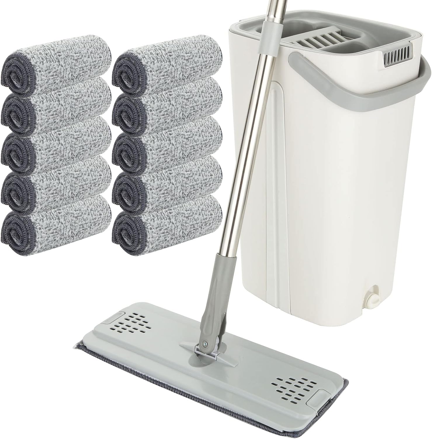 ASelected – Flachwischer- und Eimer-Set mit freihändigem Auspressen, 10 wiederverwendbare Mikrofaser-Pads, Edelstahlgriff