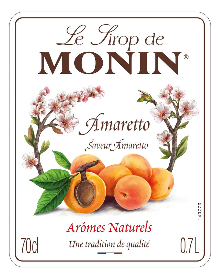 MONIN Amaretto Syrup 700ml - Vegan, Alcohol-Free, Natural Flavouring for Coffee & Cocktails