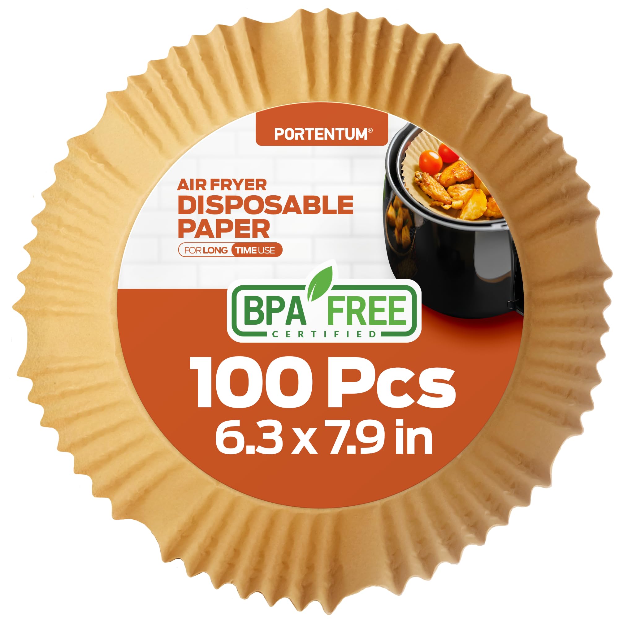 PORTENTUM Air Fryer Liners - 100PCS Disposable, Unbleached, Greaseproof Round Paper 1