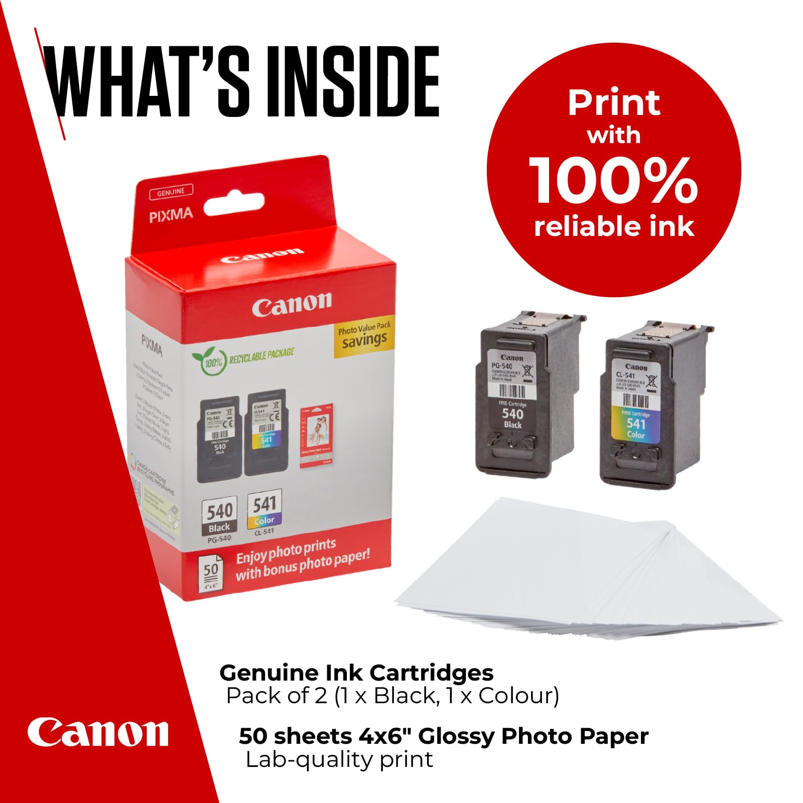 Canon Ink & Paper Multipack - PG-540/CL-541 Genuine Printer Ink Cartridges 2 Pack (1 x Black, 1 x Colour) & 4x6 Photo Paper (50 x Sheets) - Compatible with PIXMA MX, MG & TS 4