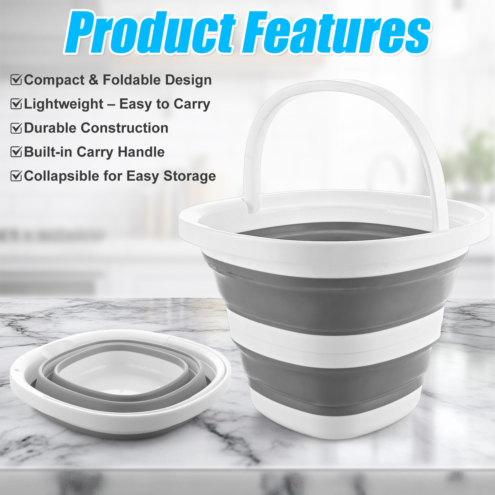 Lychico Collapsible Bucket 2-Pack - 10L & 5L Silicone Folding Water Buckets | Grey 3