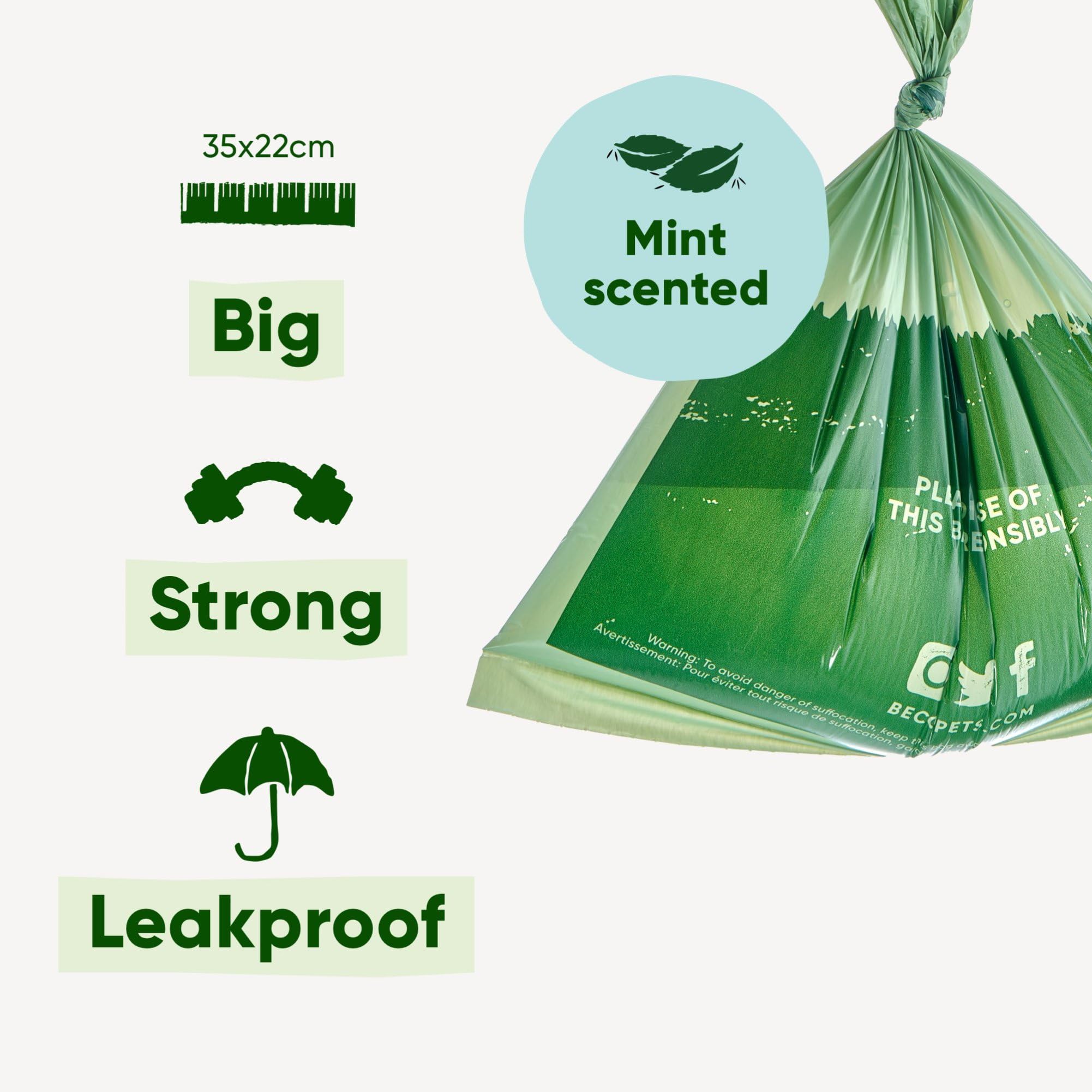 Beco Strong & Large Poop Bags - 270 Bags (18 Rolls of 15) - Mint Scented | Leakproof | Recycled Plastic 2