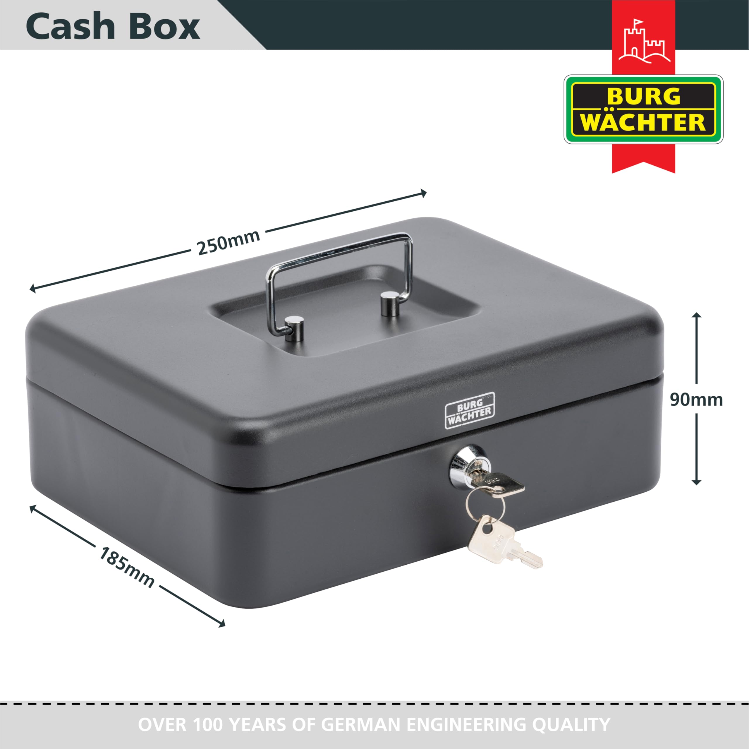 Burg-Wächter CB03GBBK 10' Cash Box with Sterling Coin Tray | Black Metal | Key Lock 5