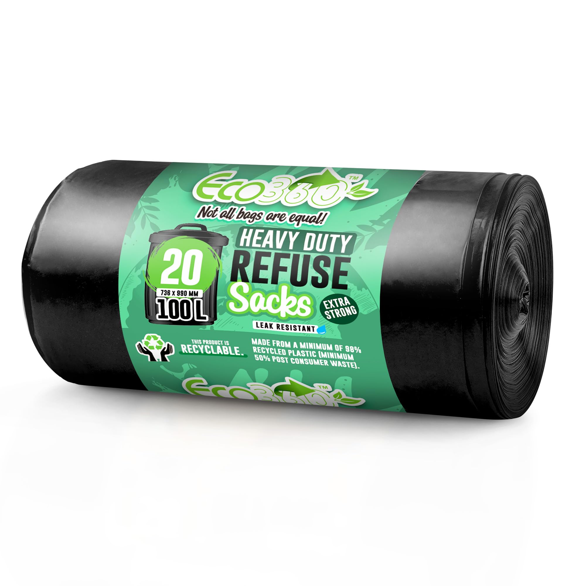 EcoBag Extra Strong Heavy Duty Refuse Sacks - 100L Capacity, 33 Microns, Black, 20 Pack 1