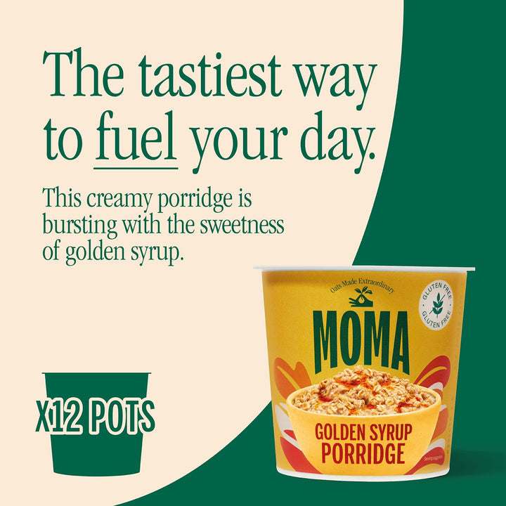 MOMA Instant Porridge Pots Golden Syrup - 12 x 70g - Gluten Free, High Fibre, Source of Protein
