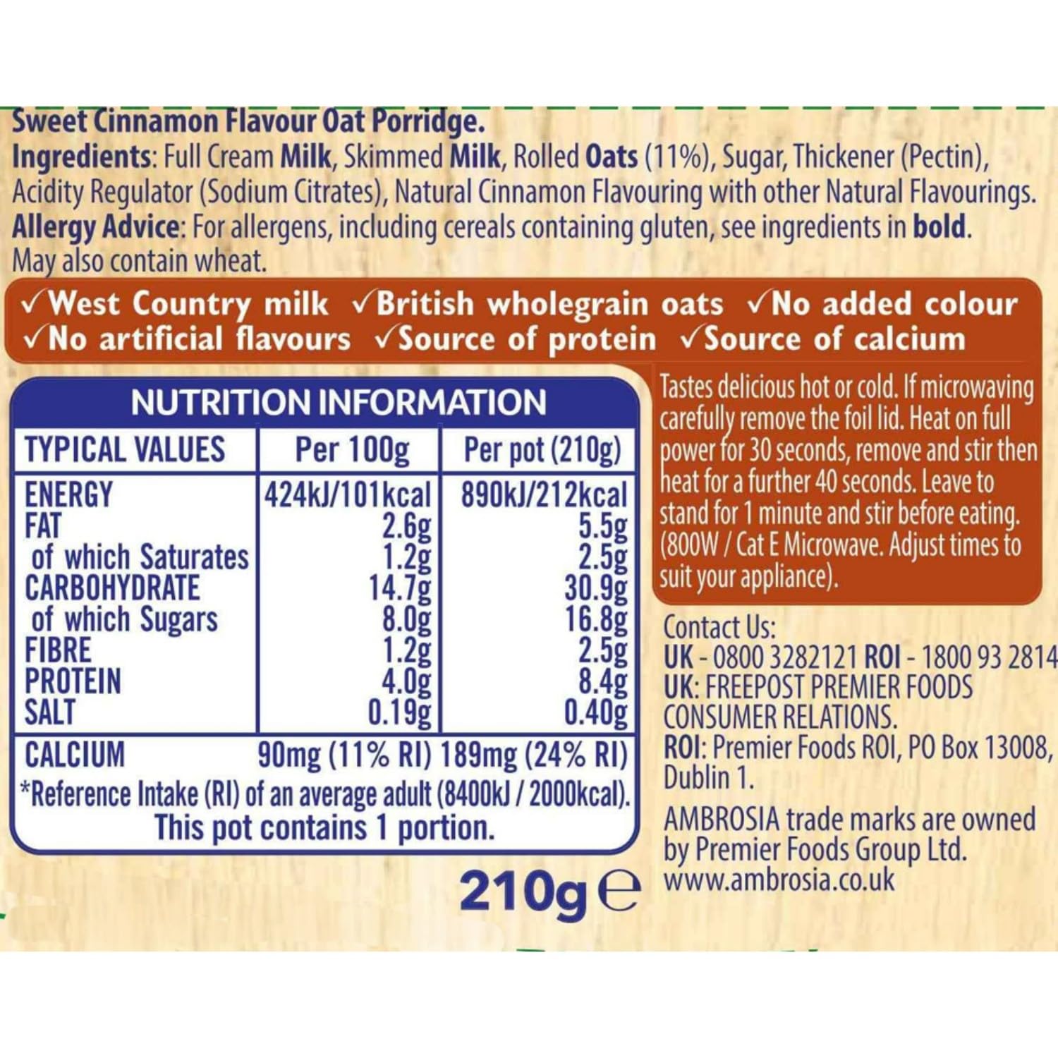 Ambrosia Ready to Eat Sweet Cinnamon Porridge - Low Fat, High Protein | 210g Pot (Pack of 6)