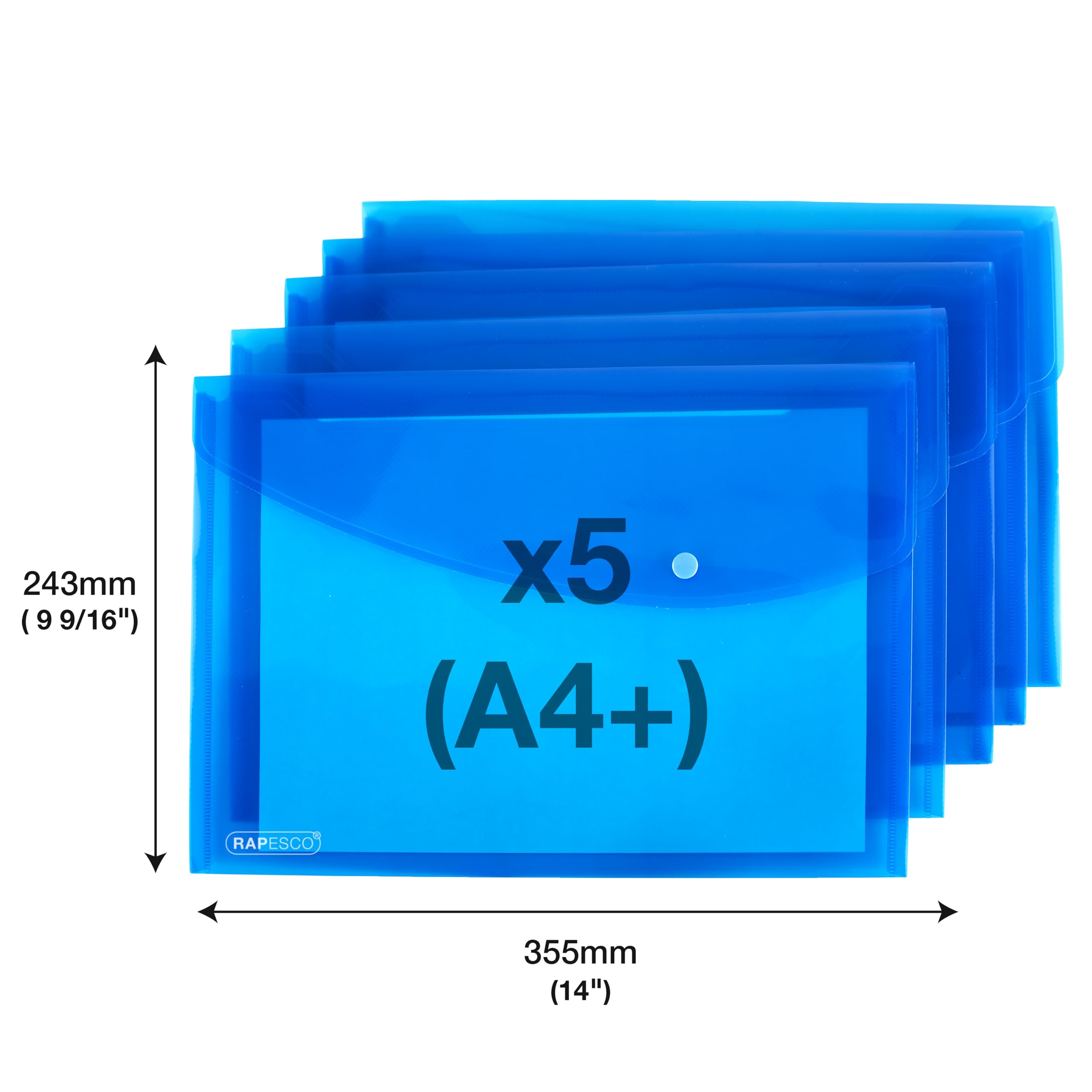 Rapesco 0687 ECO Recycled Popper Wallets - A4+, 150 Sheet Capacity, Bright Transparent Blue, Pack of 5 2