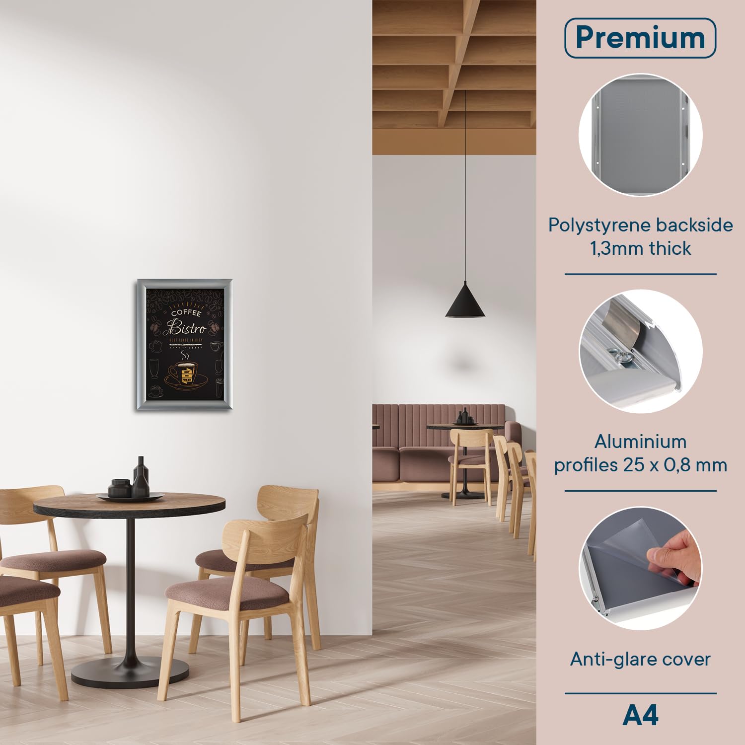 Europel A4 Silver Snap Frame - Anodised Aluminium, Mitred Corners, Anti-Glare Cover 4