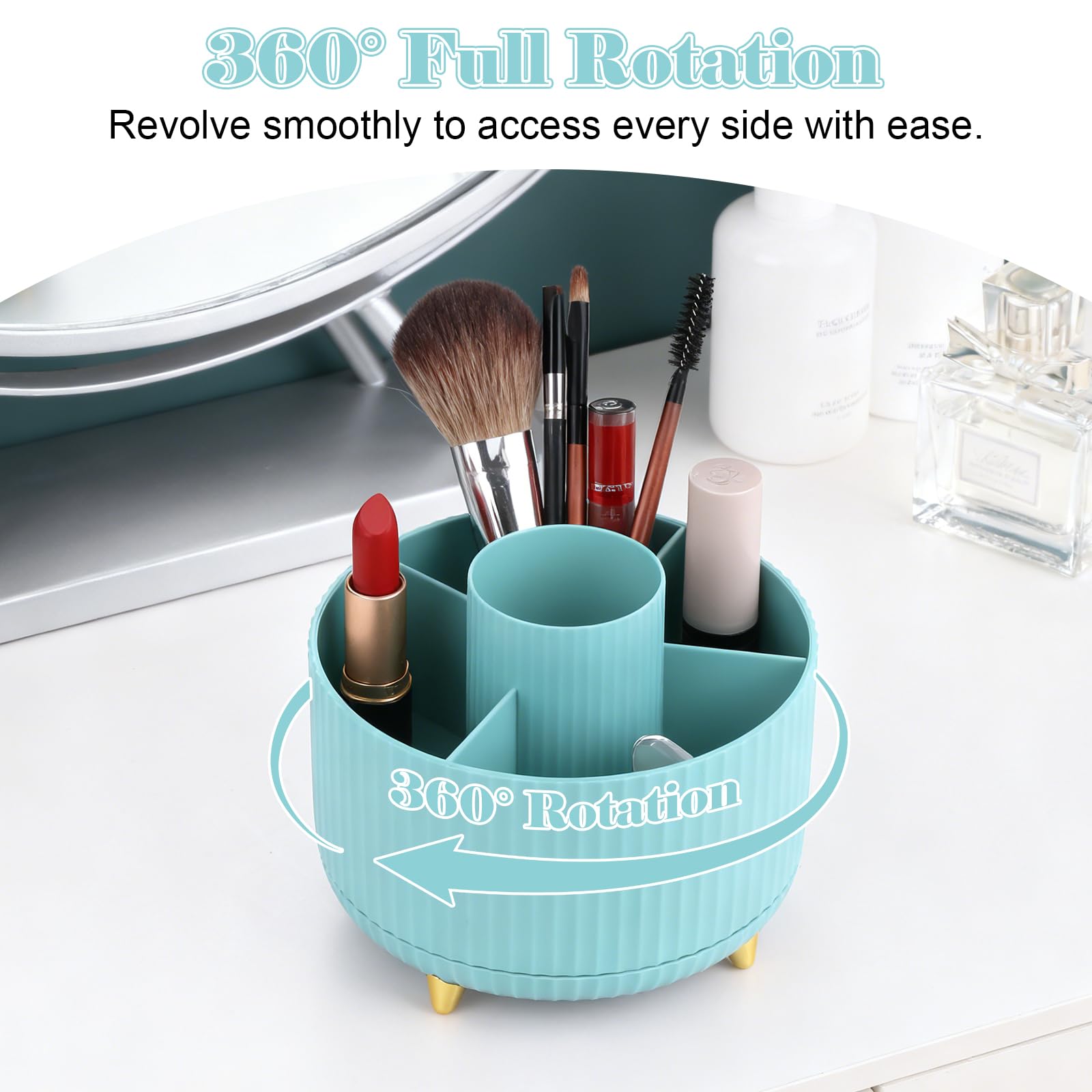 Lychico Desk Organiser - 360° Rotating Pencil Cup with 5 Compartments | Blue Plastic 5