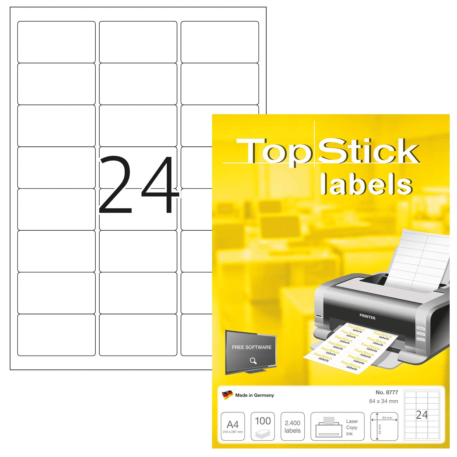 TopStick 8777 Address Mailing Labels - 2400 Labels Total | 64 x 34 mm | 100 Sheets