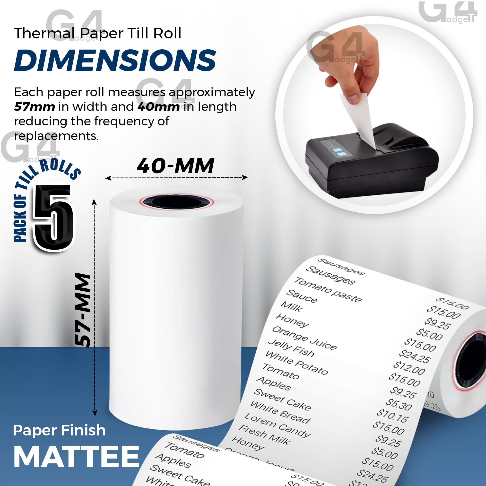 G4GADGET Thermal Paper Till Rolls - 5 Pack, 57mm x 40m for Cash Registers & Credit Card Machines 2