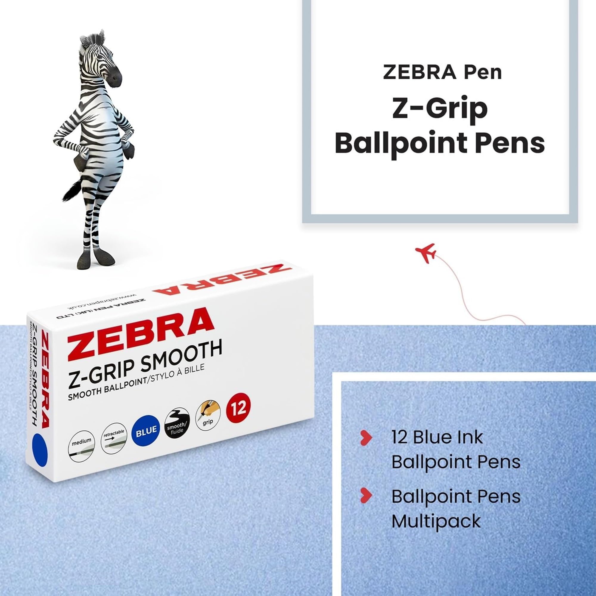 Zebra Pen Z-Grip Smooth Retractable Ballpoint Pen - 1.0mm Medium Point Blue Ink, 12-Pack